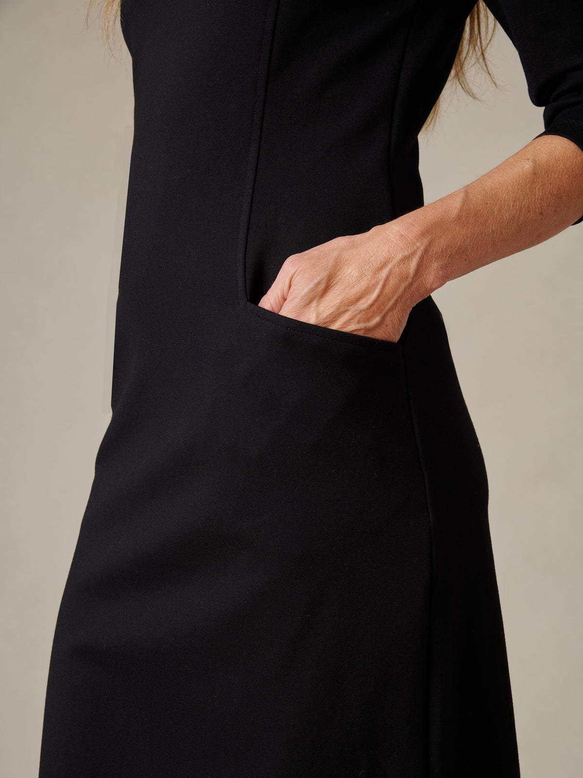 J.McLaughlin Catalyst Dress in black with a tailored silhouette and practical side pocket showing refined knit craftsmanship for polished everyday style