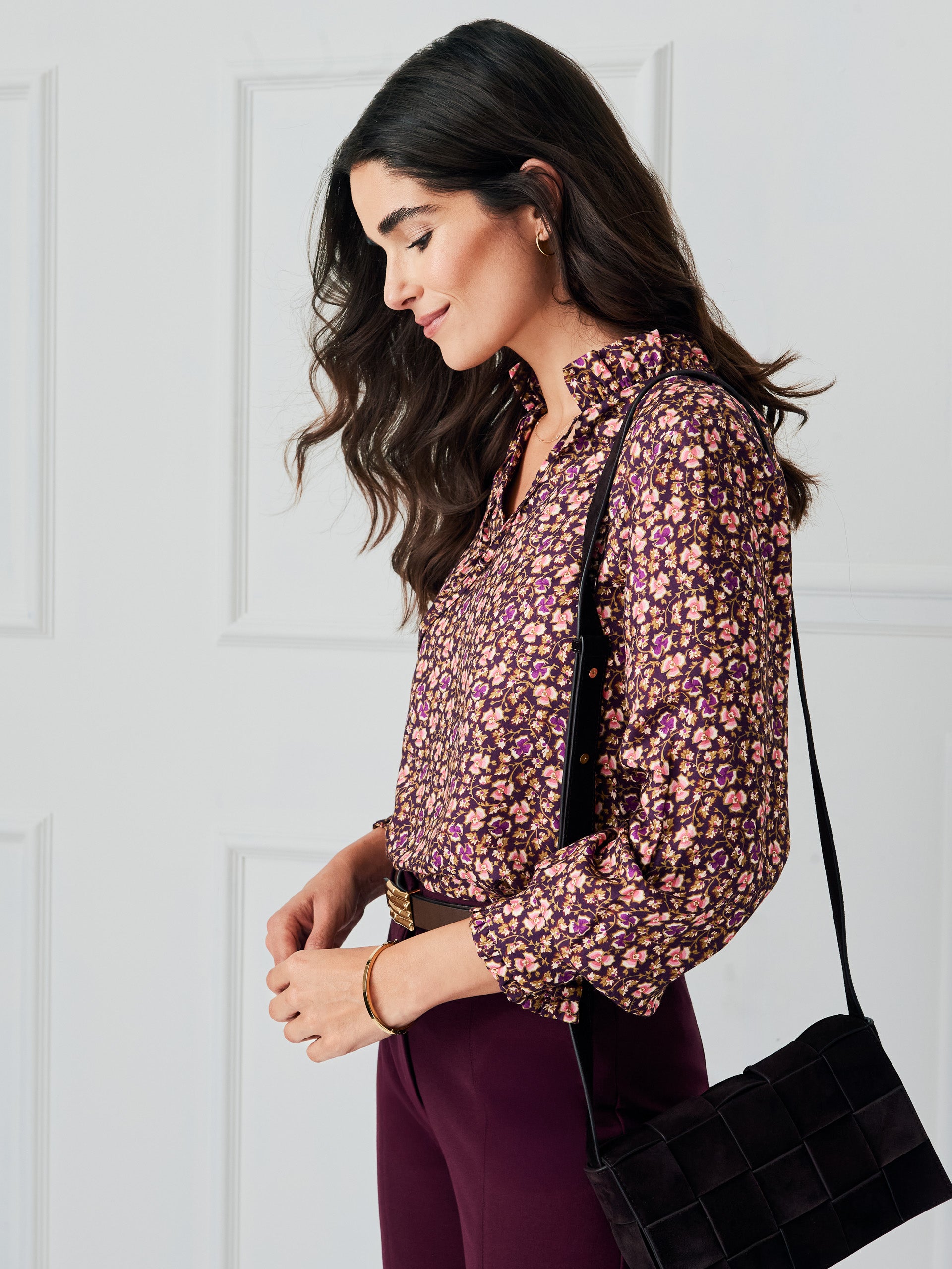 J.McLaughlin Cecilia blouse in plum/purple/off white made with silk/viscose. 