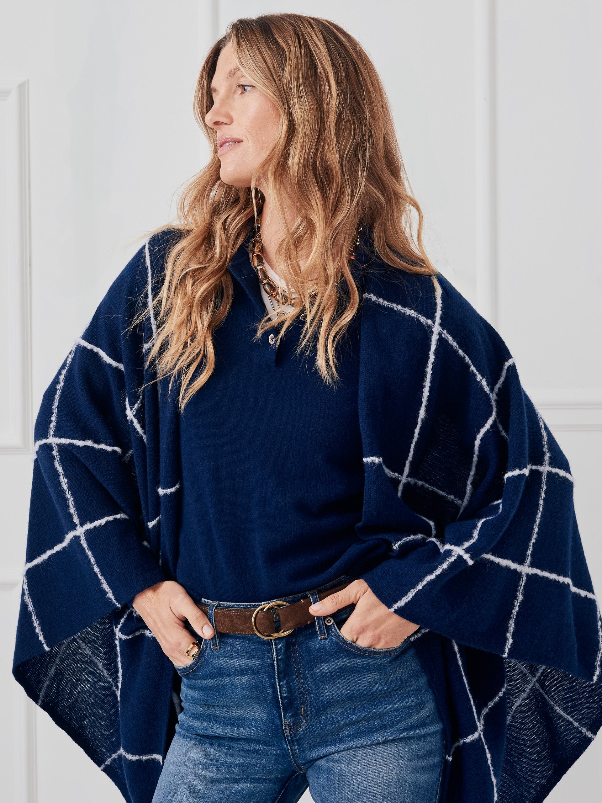 J.McLaughlin Chantal wrap in navy/light blue made with cashmere. 