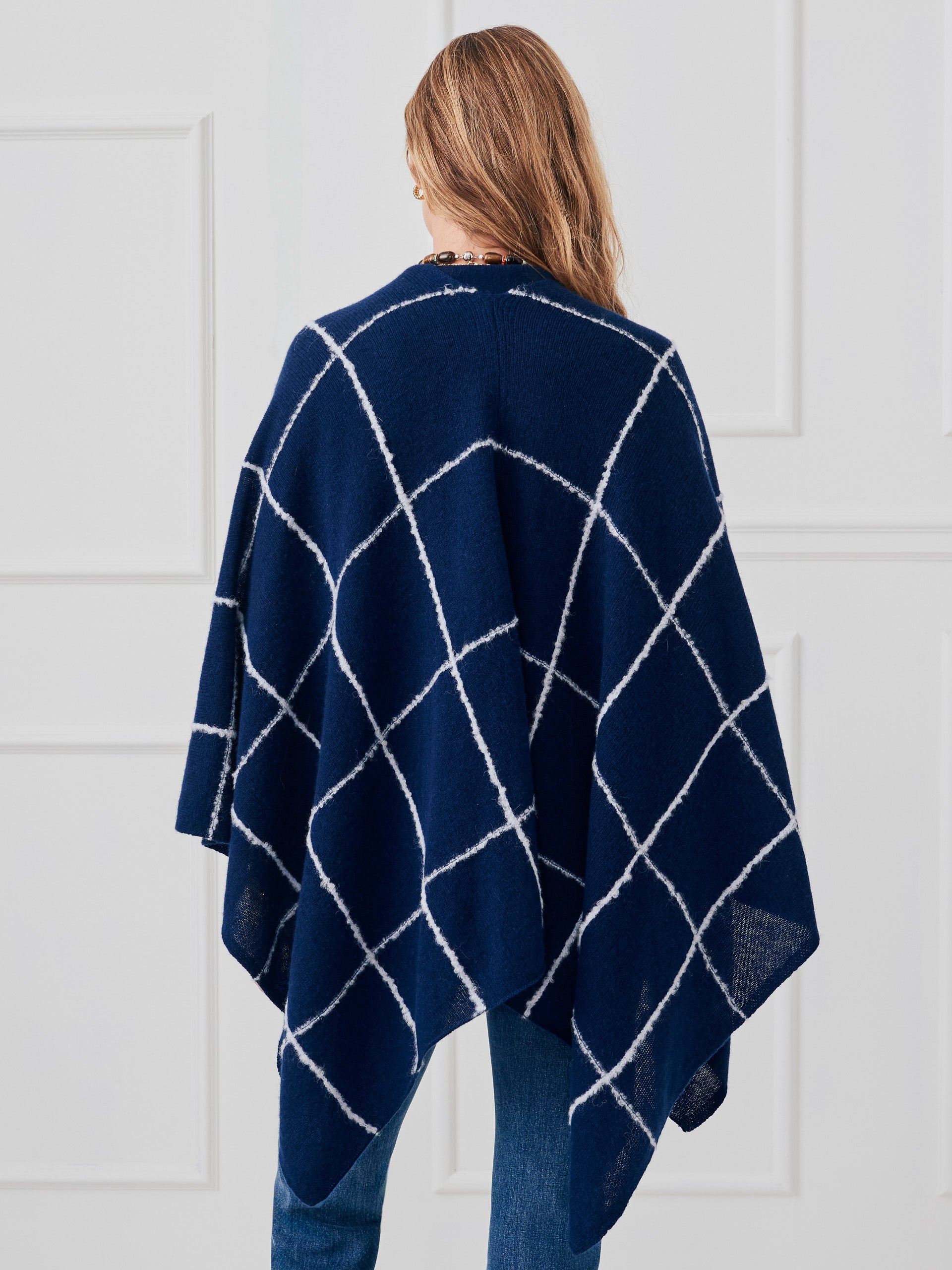 J.McLaughlin Chantal wrap in navy/light blue made with cashmere. 