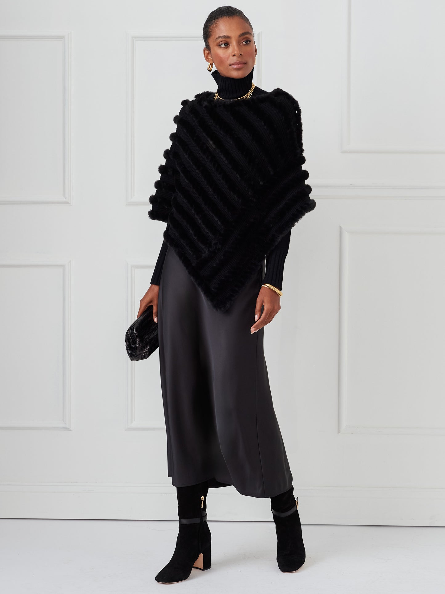 J.McLaughlin Charlie poncho in black made with faux fur. 