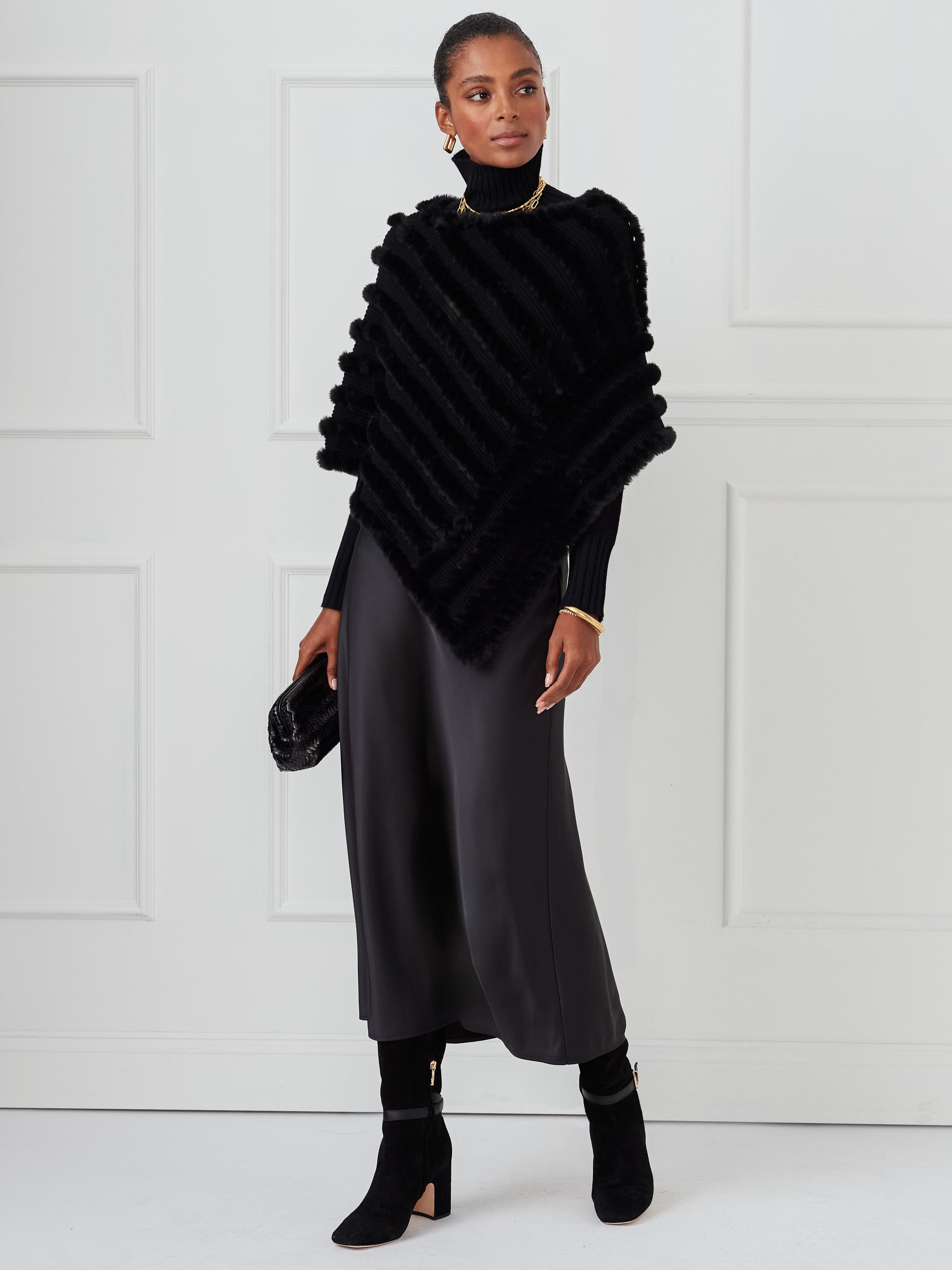 J.McLaughlin Charlie poncho in black made with faux fur. 