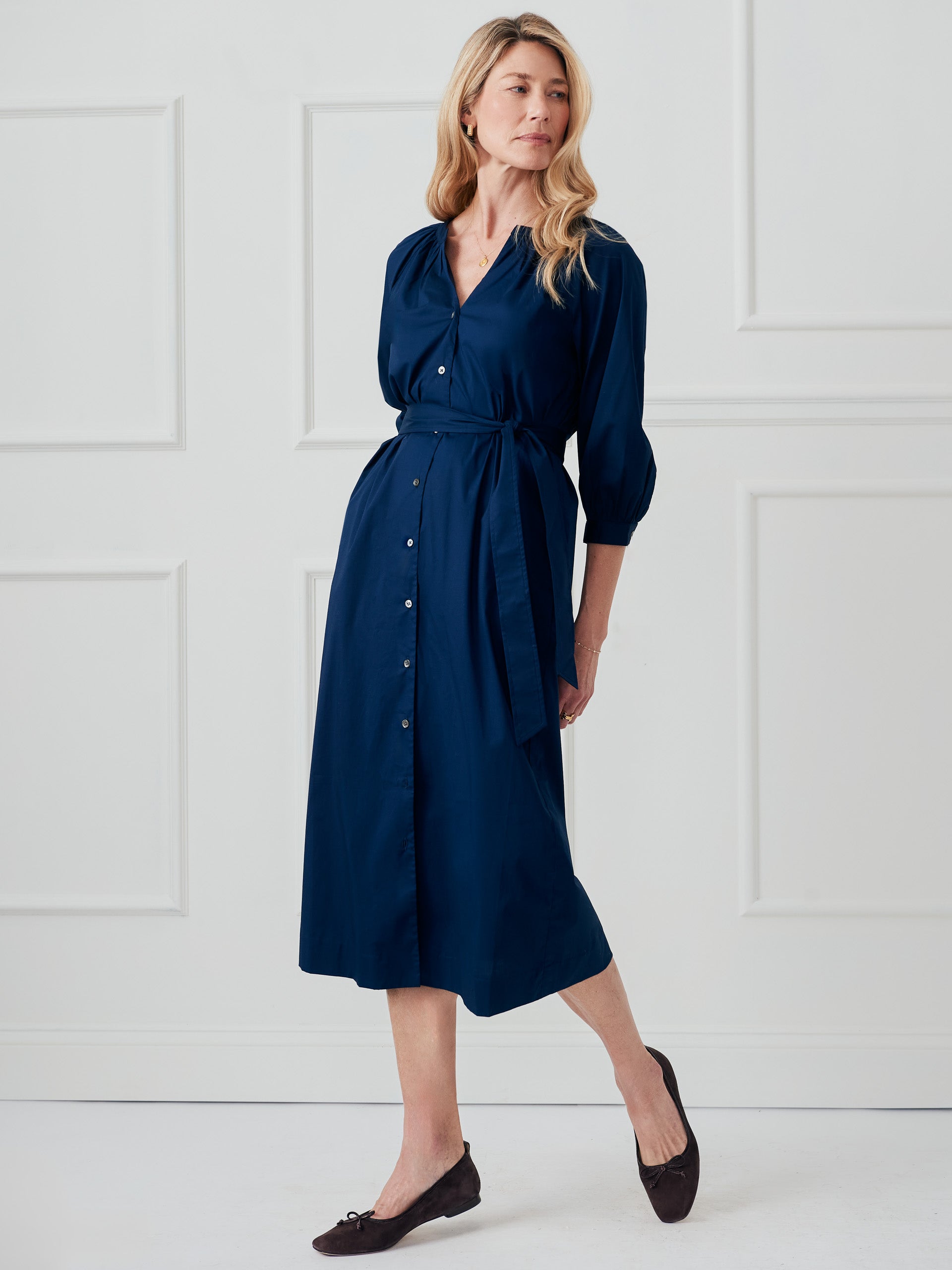 J.McLaughlin Charlotta dress in navy made with cotton. 