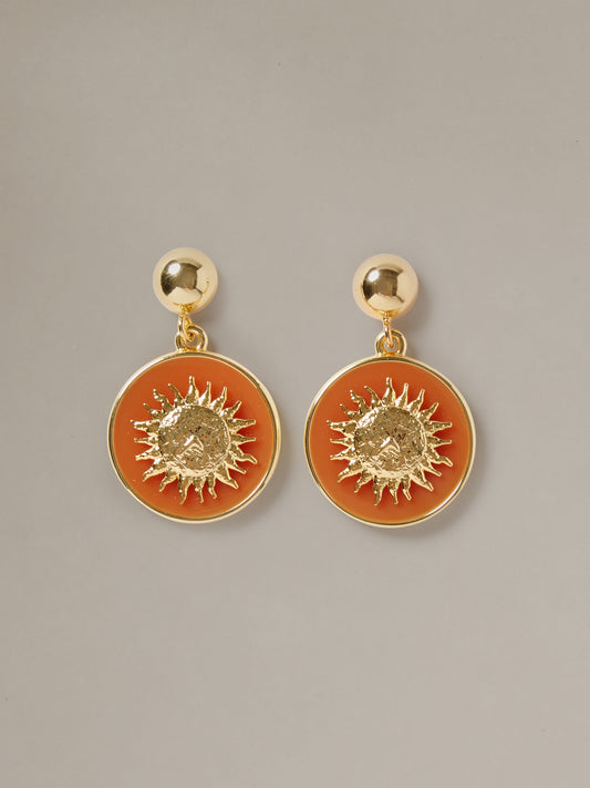 J.McLaughlin Charm Earrings with gold tone studs and amber round medallions featuring radiant sunburst details