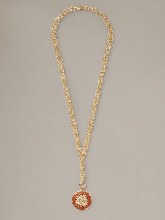 J.McLaughlin Charm Pendant Necklace featuring a delicate gold chain and round red sunburst pendant for effortlessly stylish timeless accessorizing
