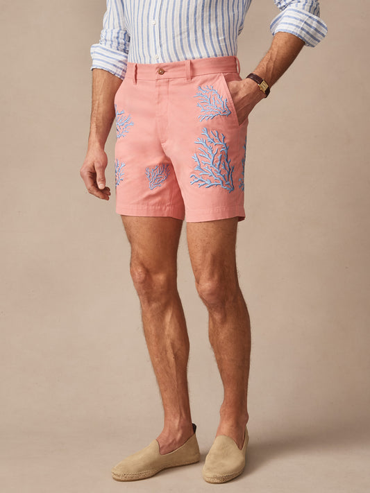 A man wearing J.McLaughlin Chatham Embroidered Shorts in Coral with blue embroidery, paired with a light striped shirt and beige slip-on shoes, showcasing effortlessly stylish, enduring designs and innovative fabrics in a legacy of timeless fashion. A destination for defining style. Life, Well-Lived.