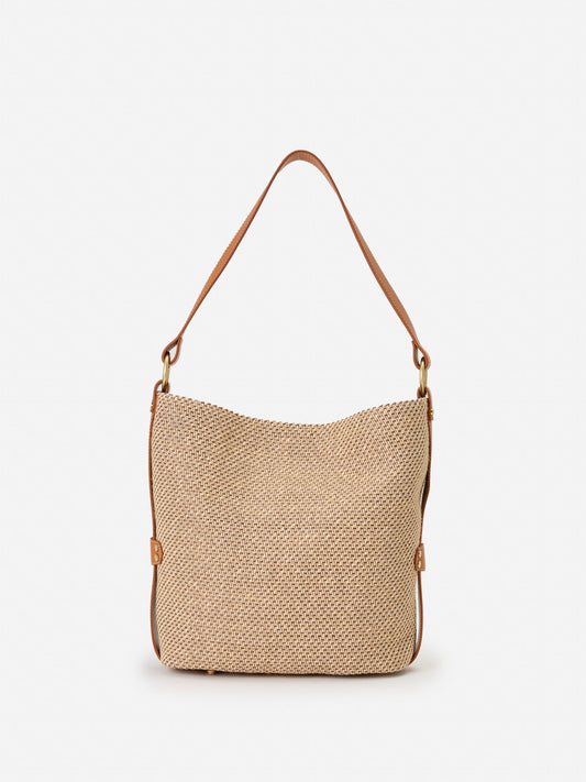 J.McLaughlin Cleo Woven Tote in natural/brown made with polypropylene.
