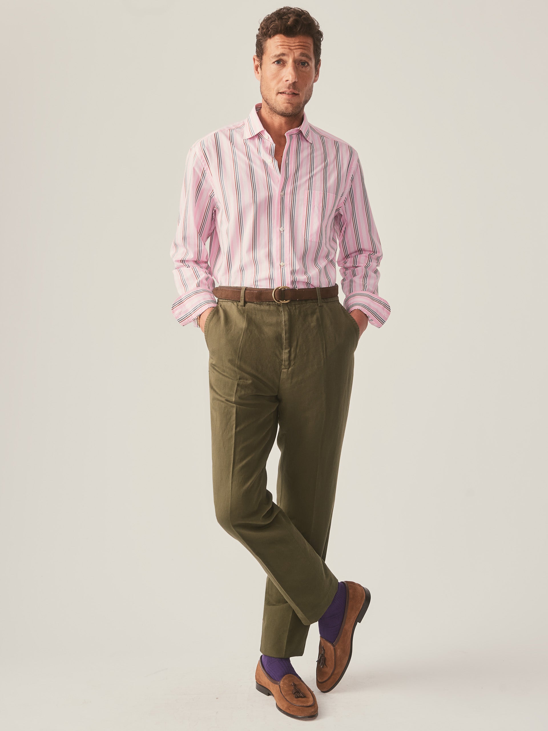 J.McLaughlin Club classic fit shirt in marine/sand/pink made with cotton.