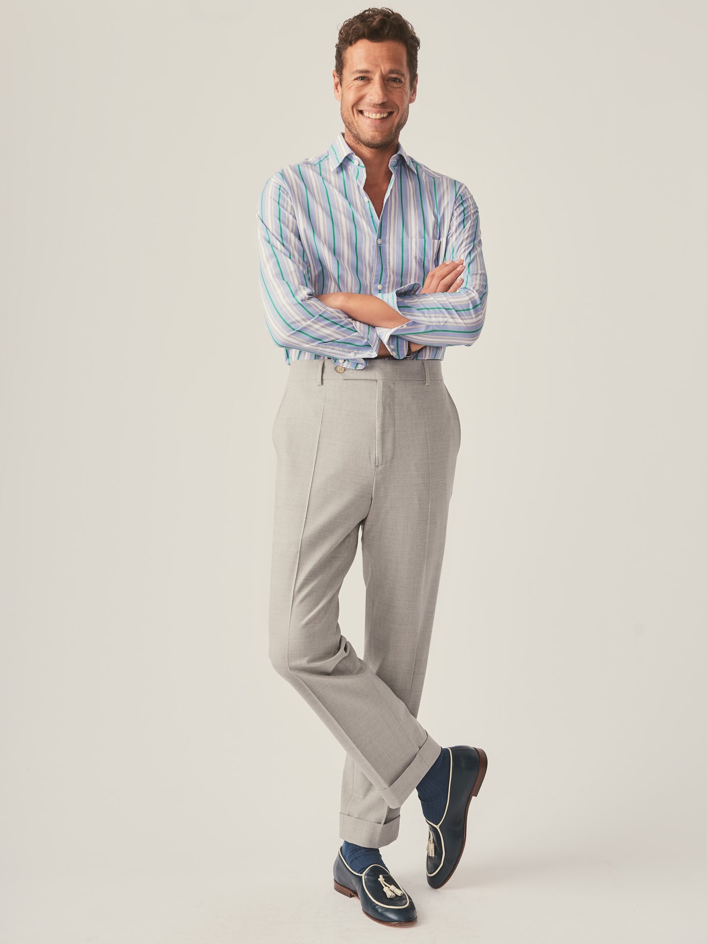 J.McLaughlin Club classic fit shirt in kelly/gold/white made with cotton.