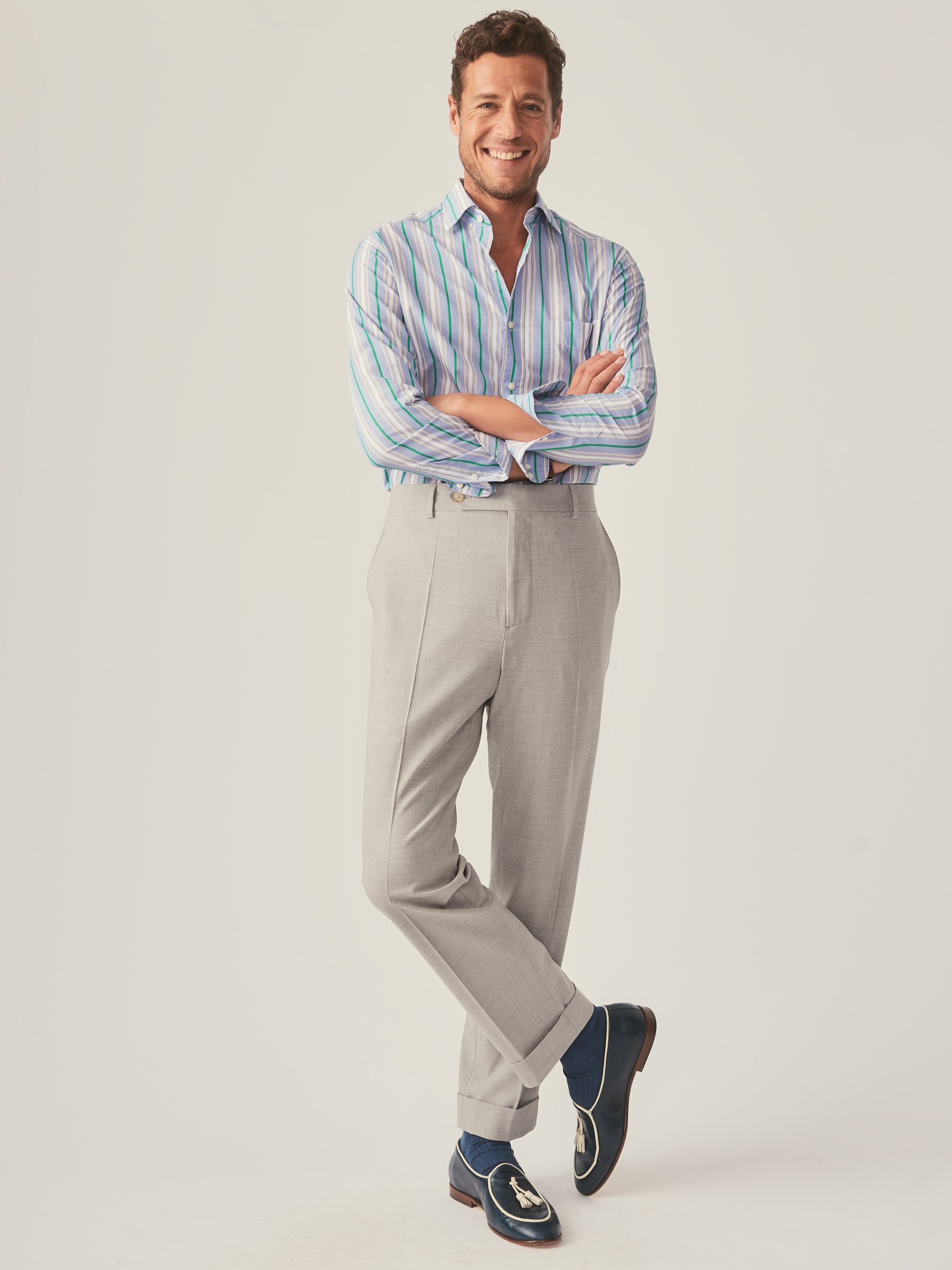 J.McLaughlin Club classic fit shirt in kelly/gold/white made with cotton.