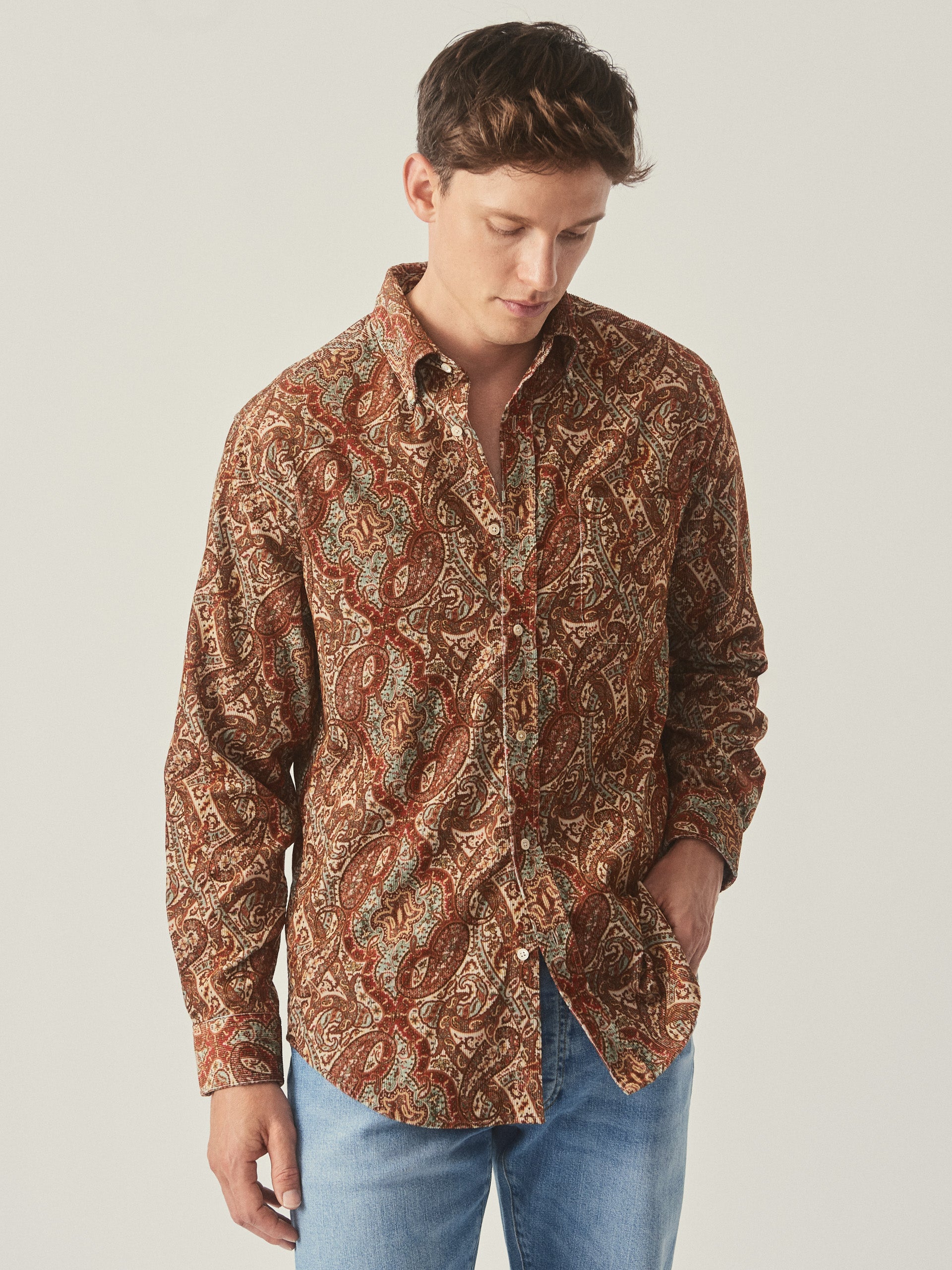 J.McLaughlin Collis classic fit shirt in brown/burgundy/tan made with cotton.