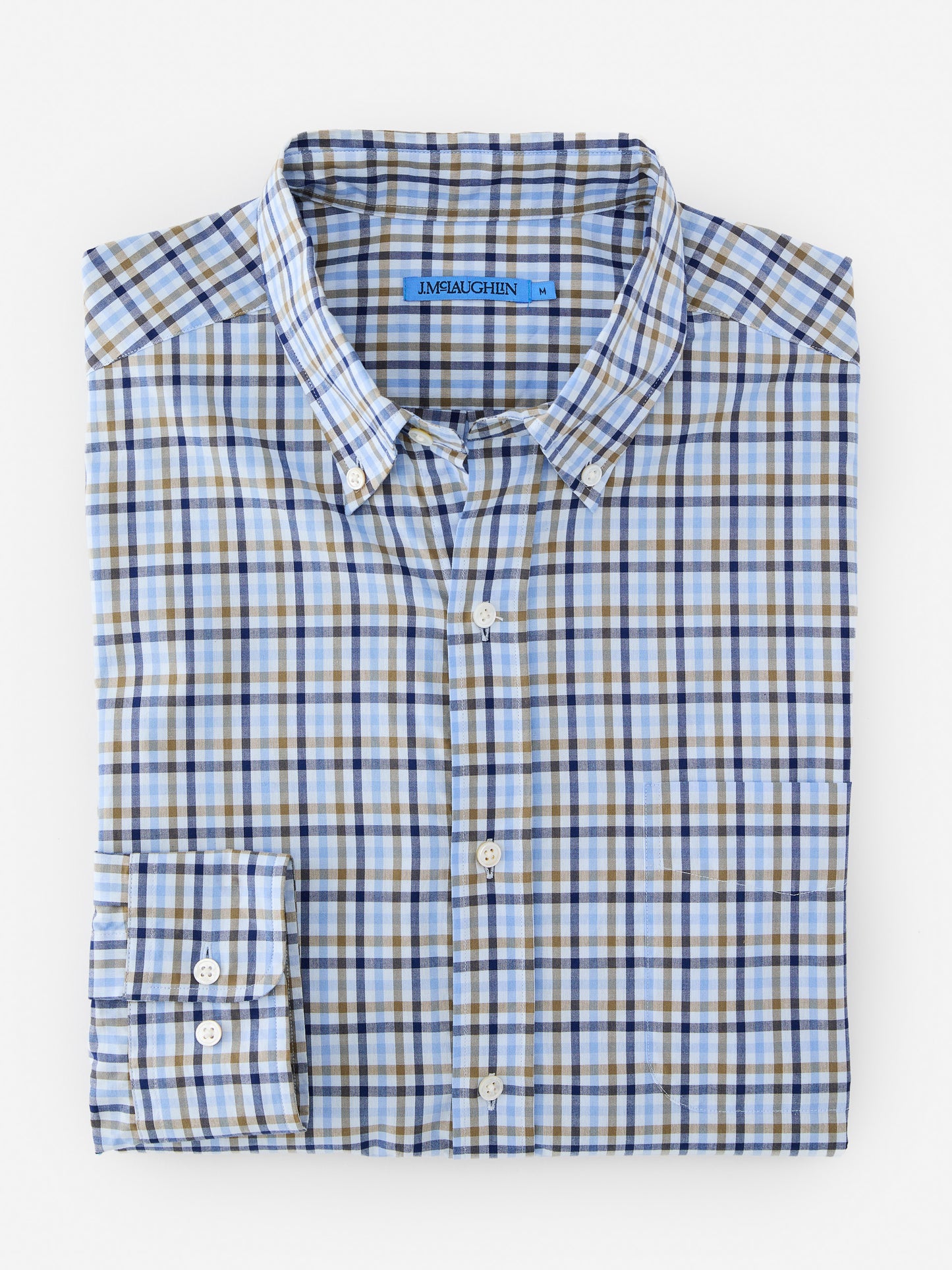 J.McLaughlin Collis classic fit shirt in navy/brown/light blue made with cotton.