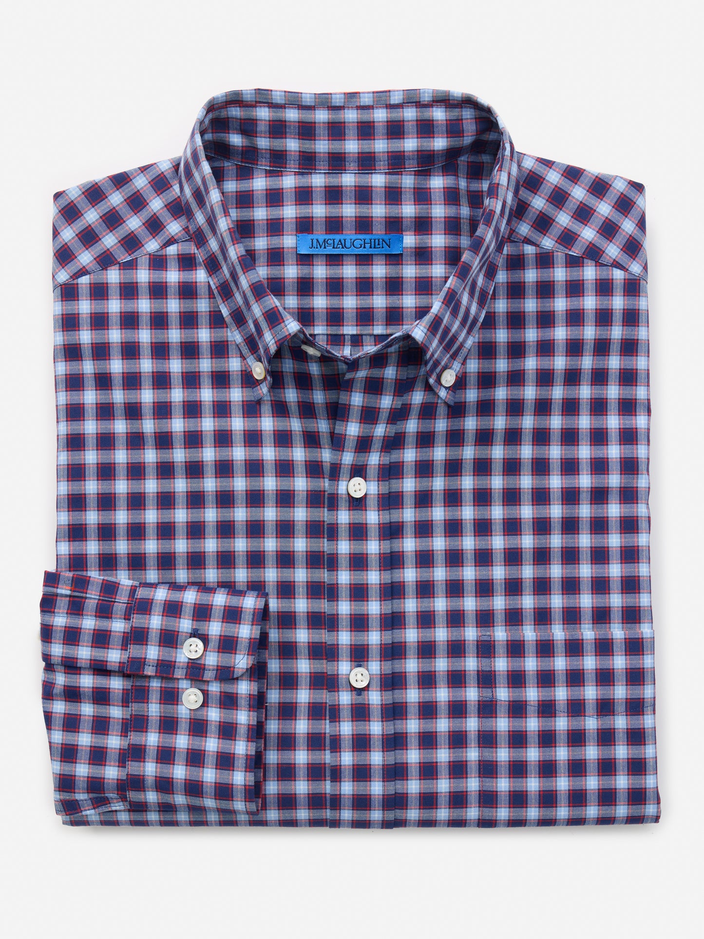 J.McLaughlin Collis shirt in red/navy/light blue made with cotton.