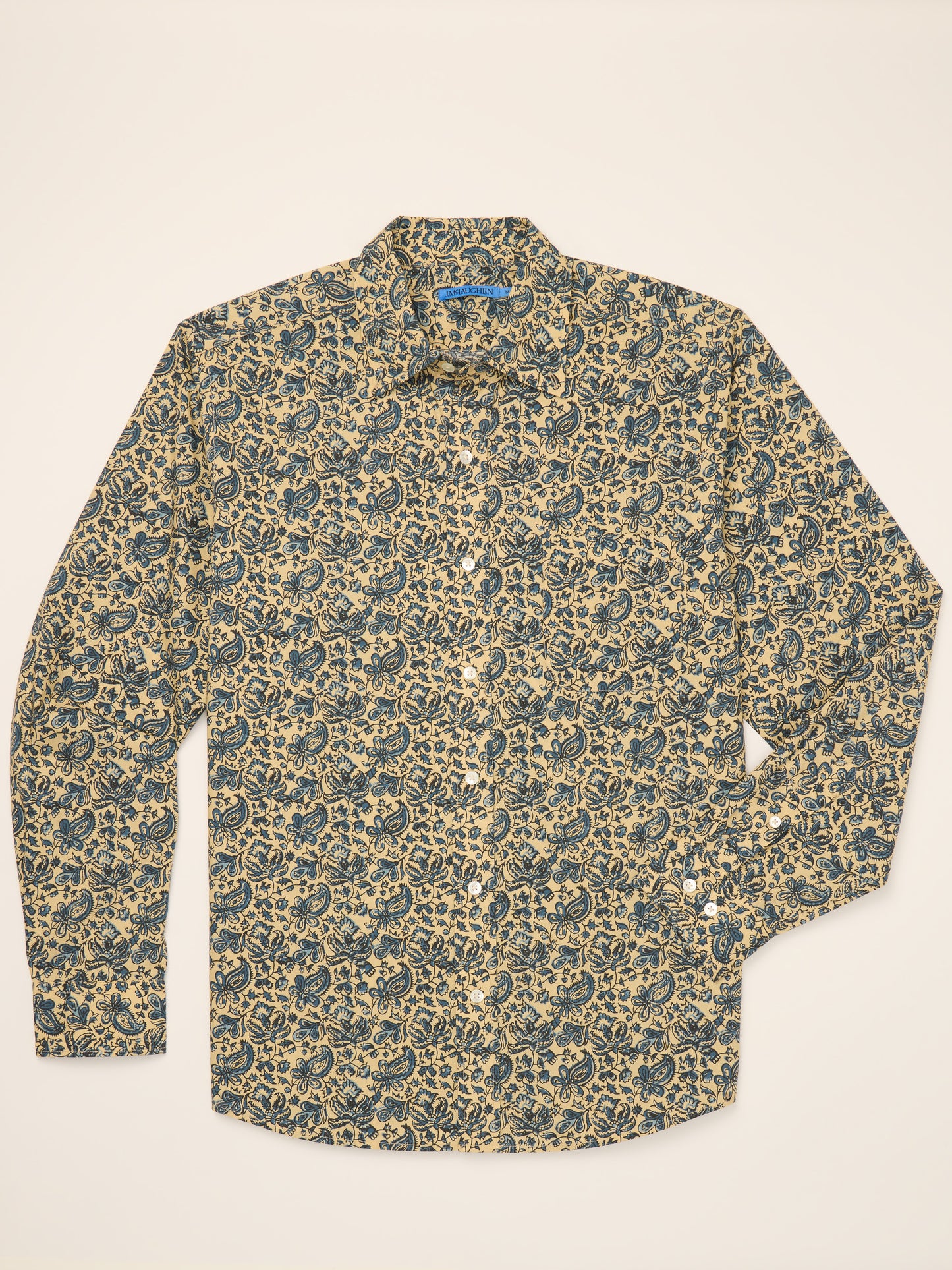 Collis Classic Fit Shirt in Kalamkari by J.McLaughlin featuring an effortlessly stylish indigo floral pattern on a cream background, showcasing enduring designs and innovative fabrics. A destination for defining style. Life, Well-Lived.