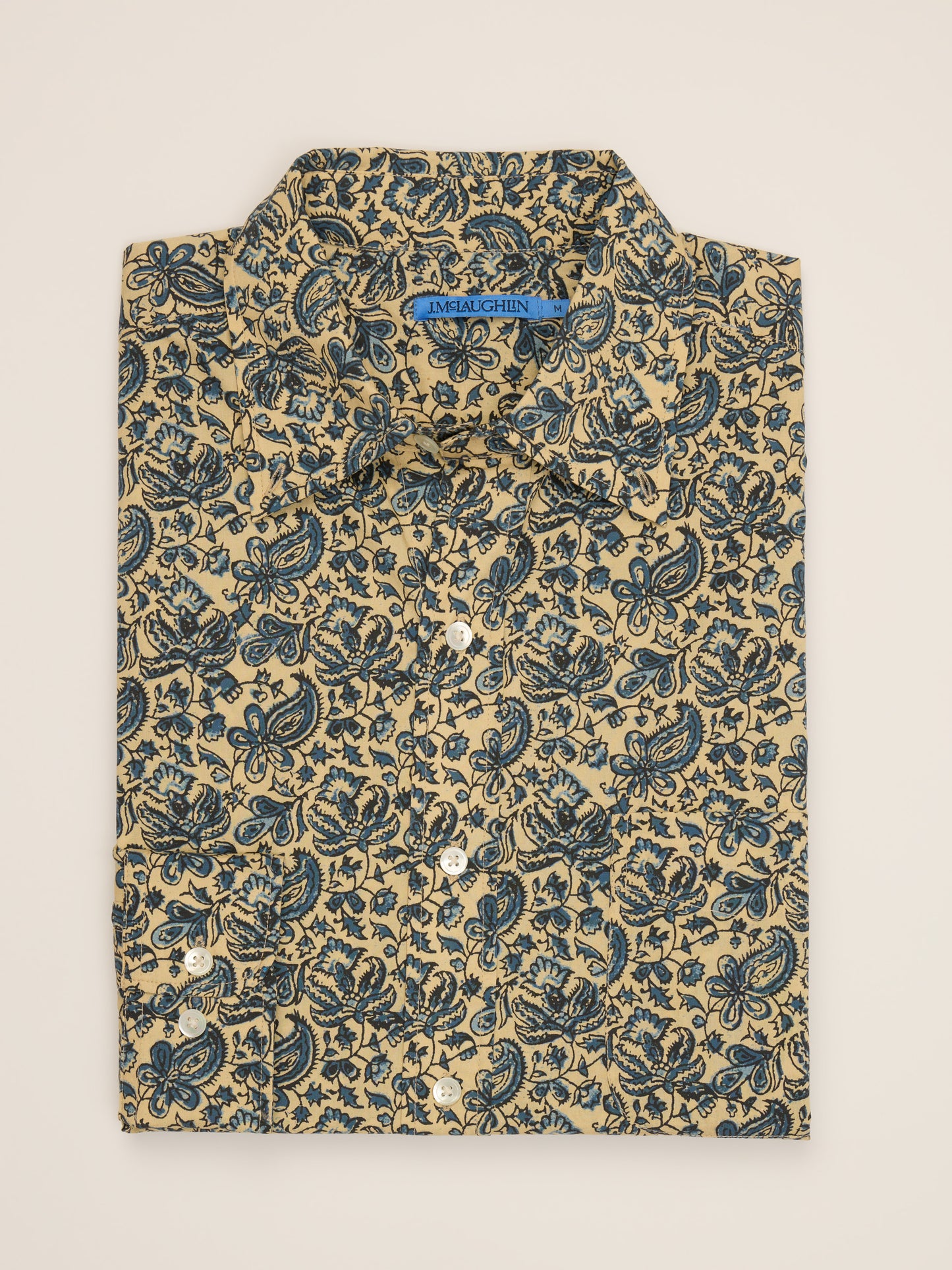 Collis Classic Fit Shirt in Kalamkari by J.McLaughlin features a cream base with intricate indigo floral patterns, showcasing effortlessly stylish, enduring designs and innovative fabrics.