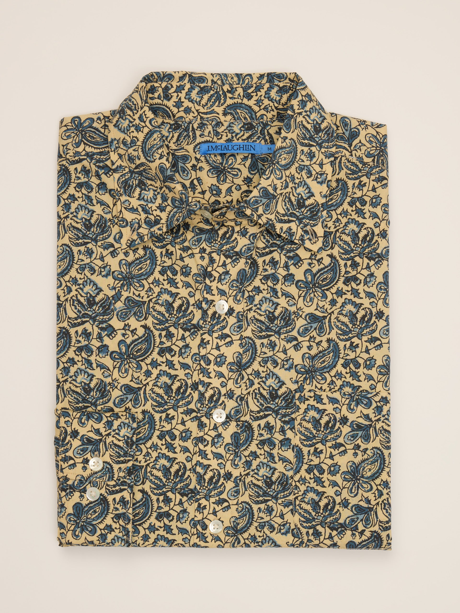 Collis Classic Fit Shirt in Kalamkari by J.McLaughlin features a cream base with intricate indigo floral patterns, showcasing effortlessly stylish, enduring designs and innovative fabrics.