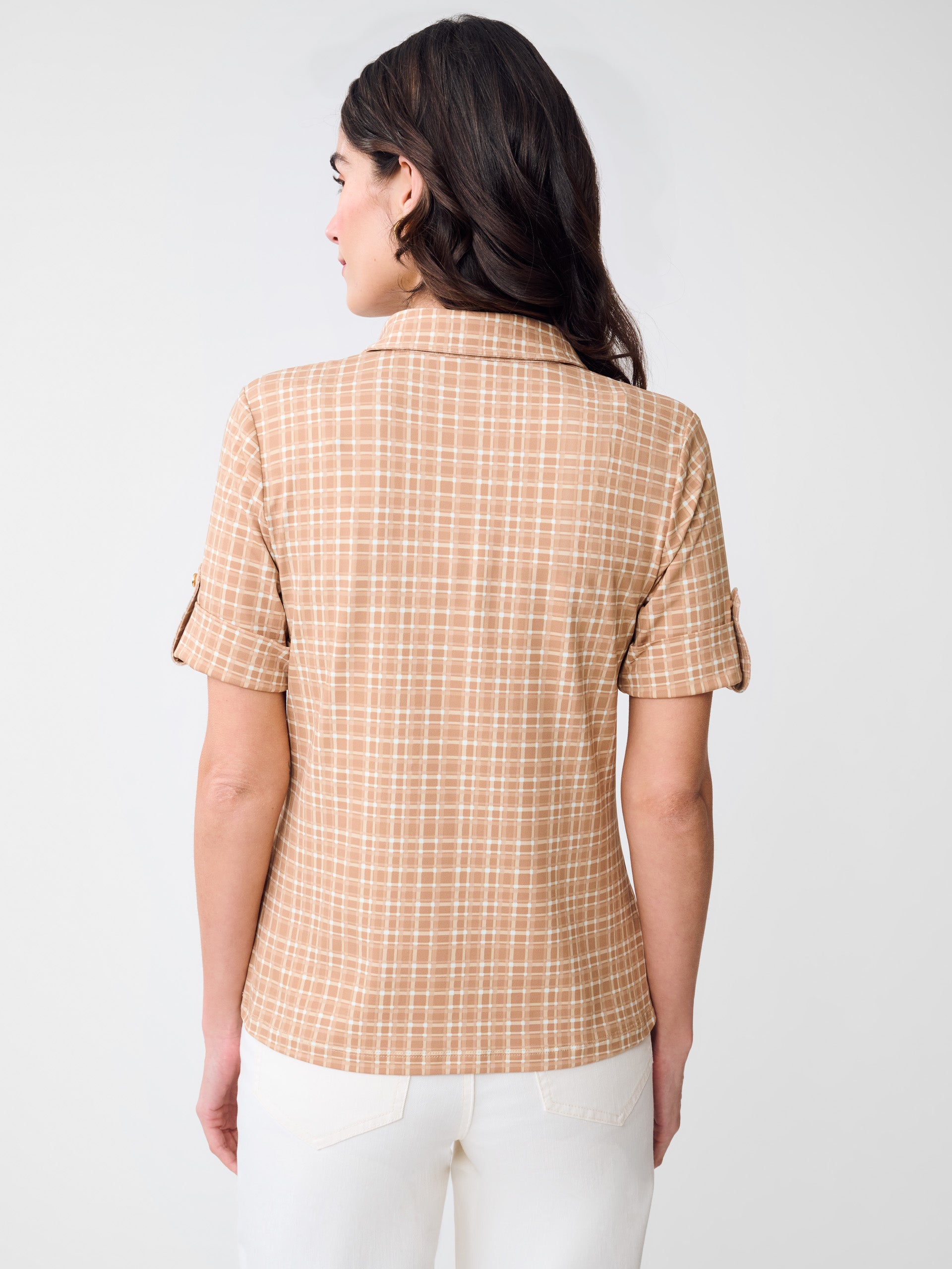 J.McLaughlin Cornelia top in Brown/Tan made with Catalina Cloth.