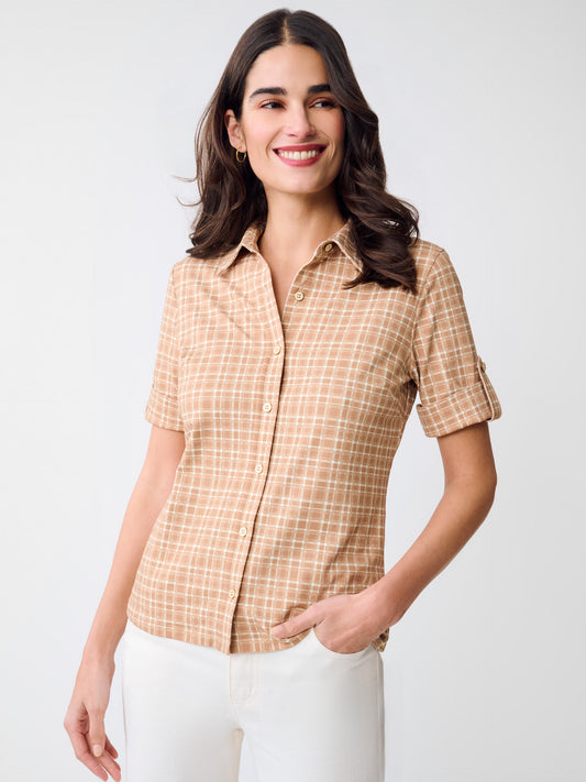 J.McLaughlin Cornelia top in Brown/Tan made with Catalina Cloth.