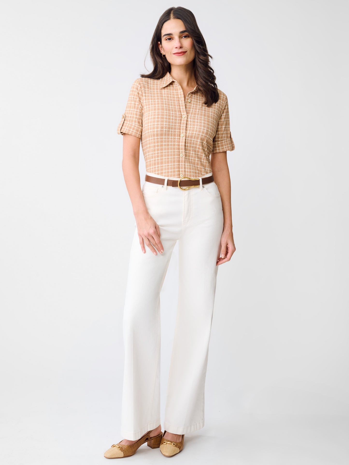 J.McLaughlin Cornelia top in Brown/Tan made with Catalina Cloth.