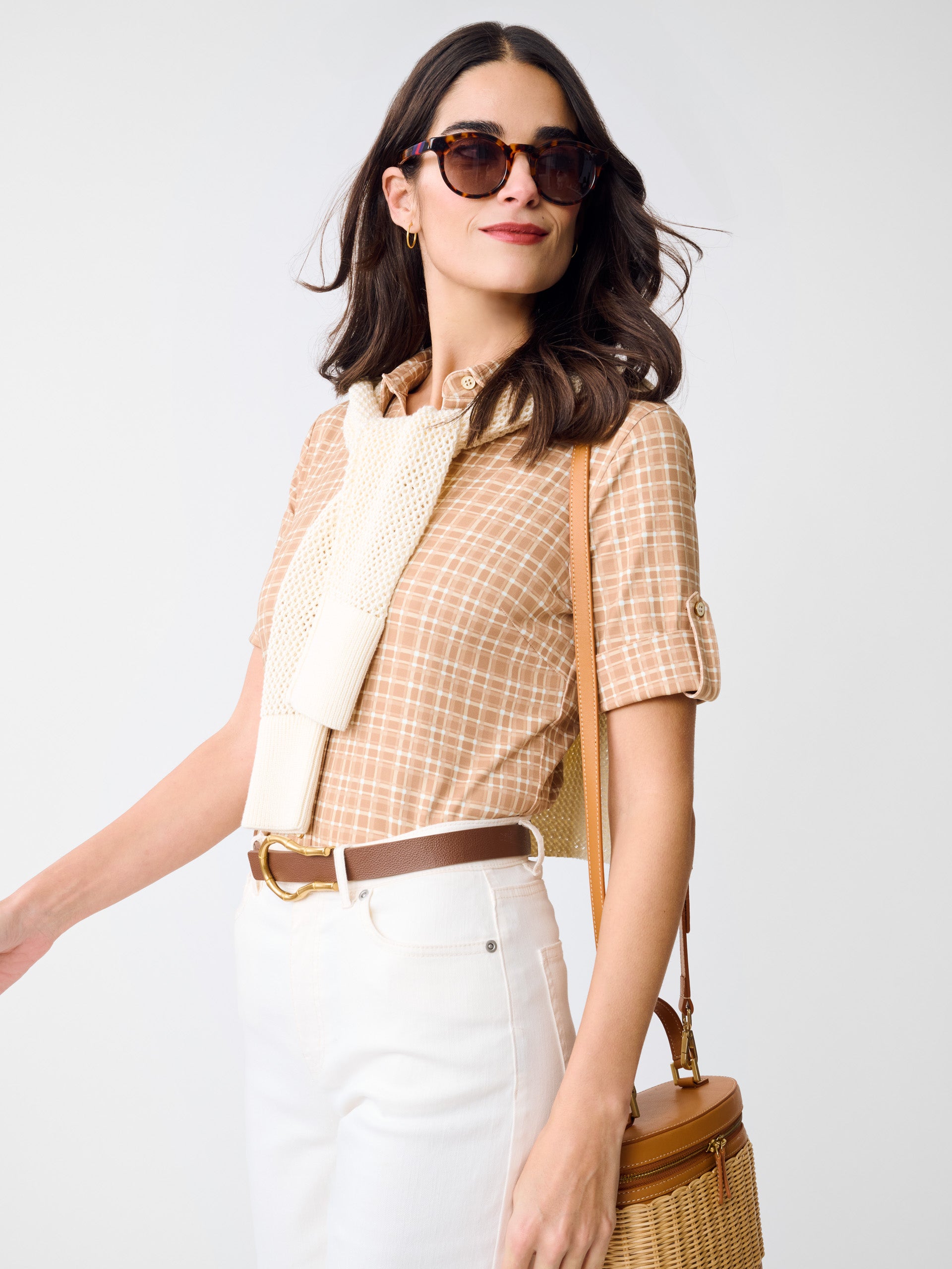 J.McLaughlin Cornelia top in Brown/Tan made with Catalina Cloth.