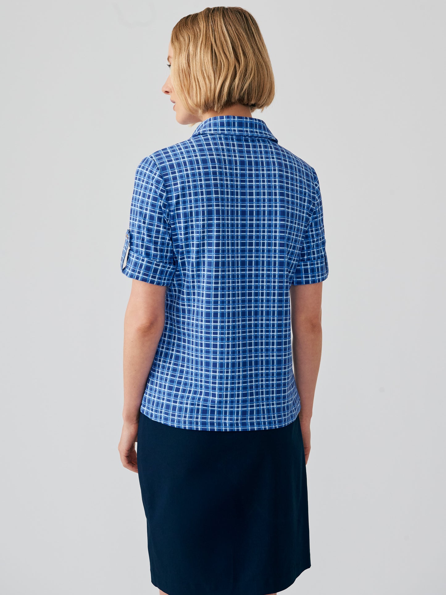J.McLaughlin Cornelia shirt in navy/blue made with Catalina cloth.