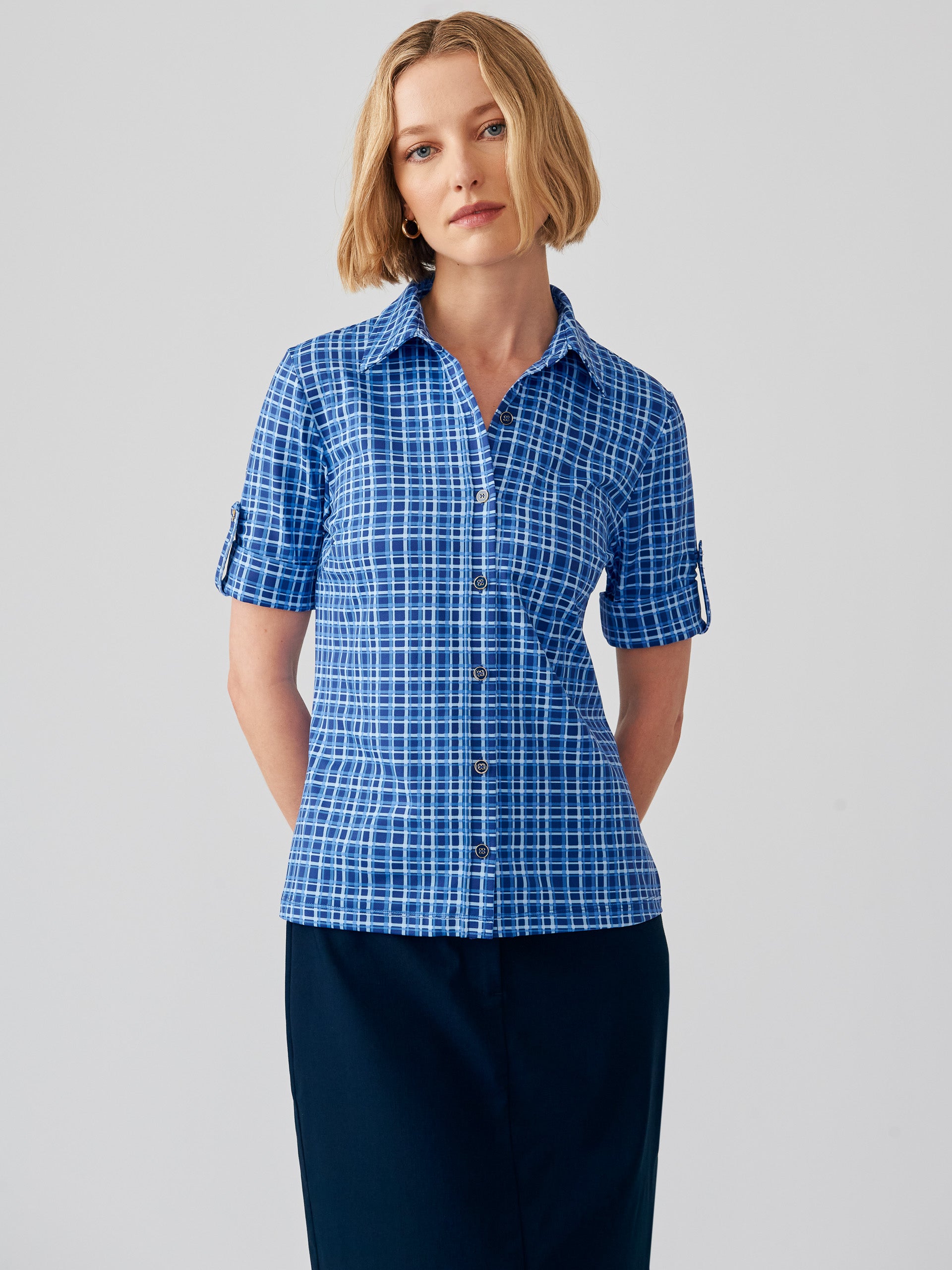 J.McLaughlin Cornelia shirt in navy/blue made with Catalina cloth.