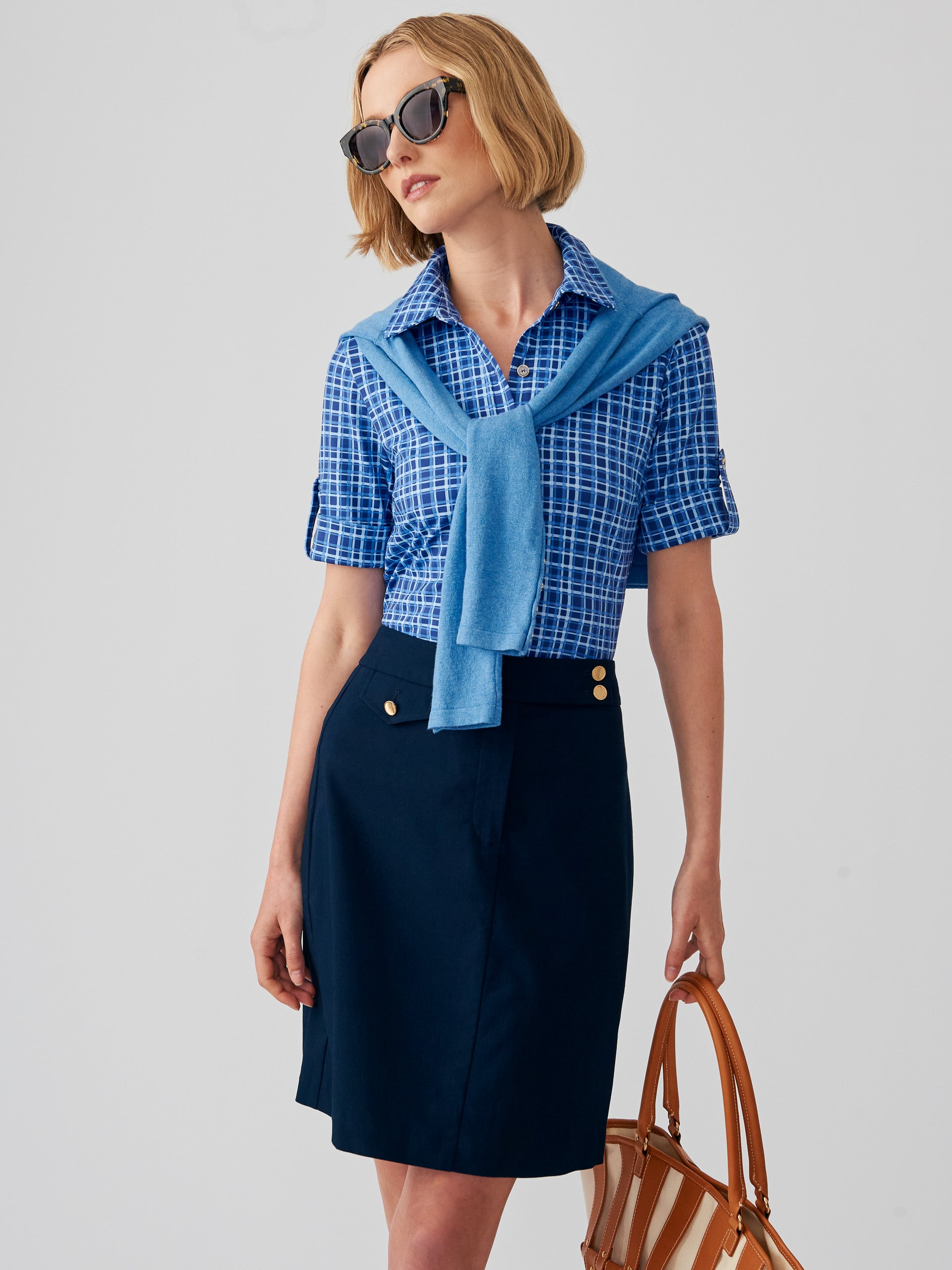 J.McLaughlin Cornelia shirt in navy/blue made with Catalina cloth.