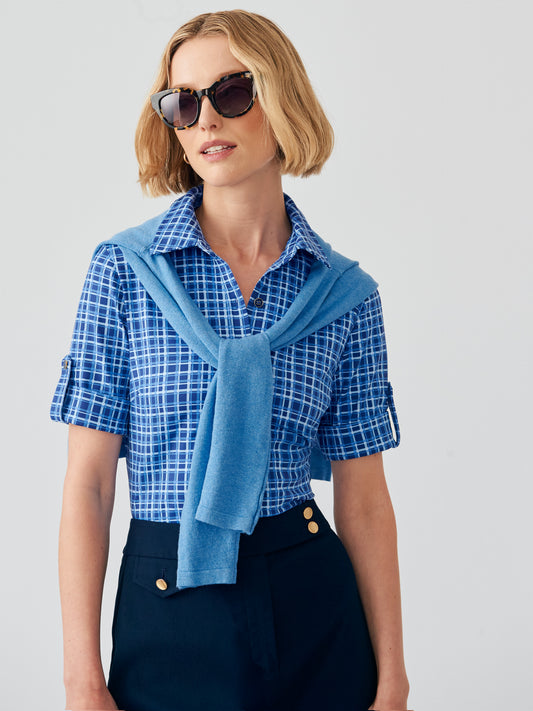 J.McLaughlin Cornelia shirt in navy/blue made with Catalina cloth.