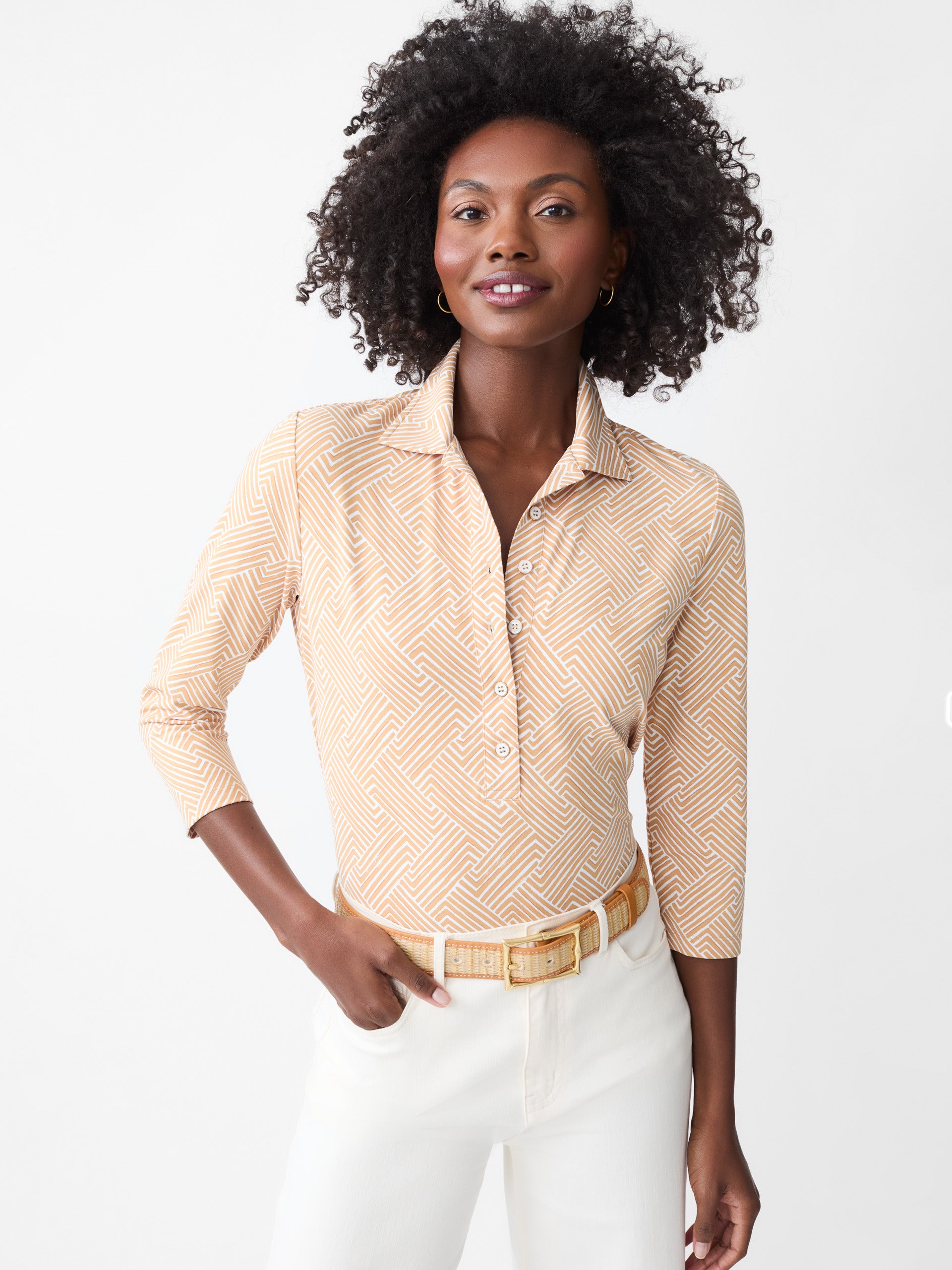 J.McLaughlin Court 3/4 sleeve polo in white/tan made with Catalina cloth.