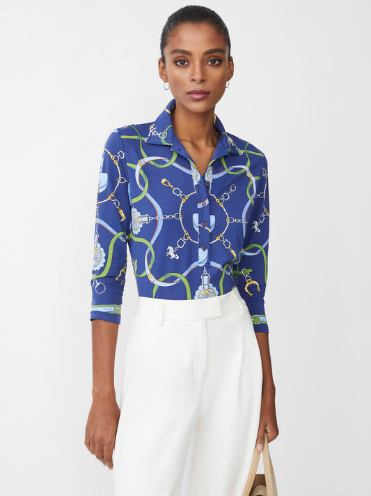 Model wearing J.McLaughlin Court 3/4 sleeve polo in navy/green/blue made with Catalina cloth.