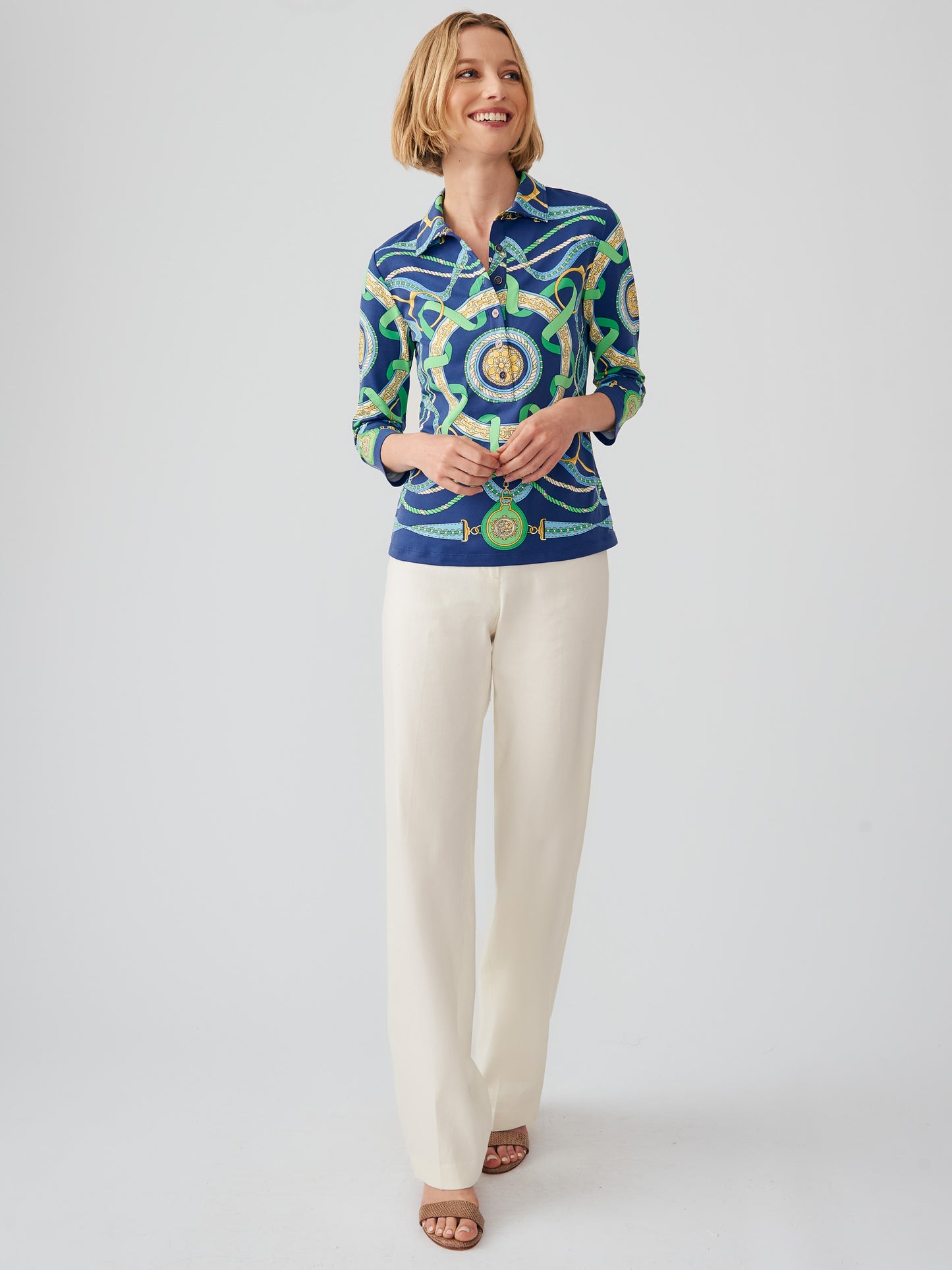 J.McLaughlin Court polo in navy/green/blue made with Catalina cloth.