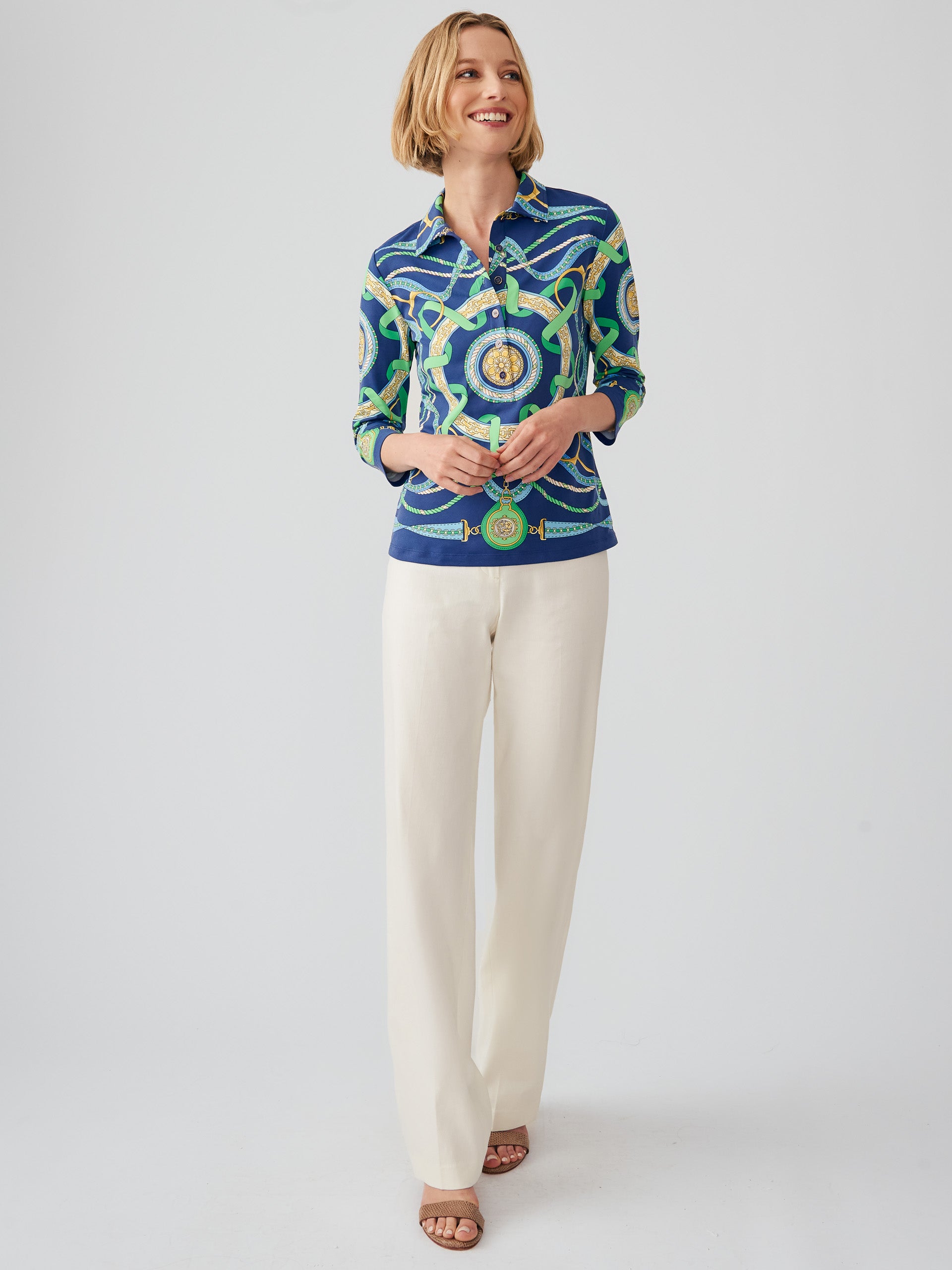 J.McLaughlin Court polo in navy/green/blue made with Catalina cloth.
