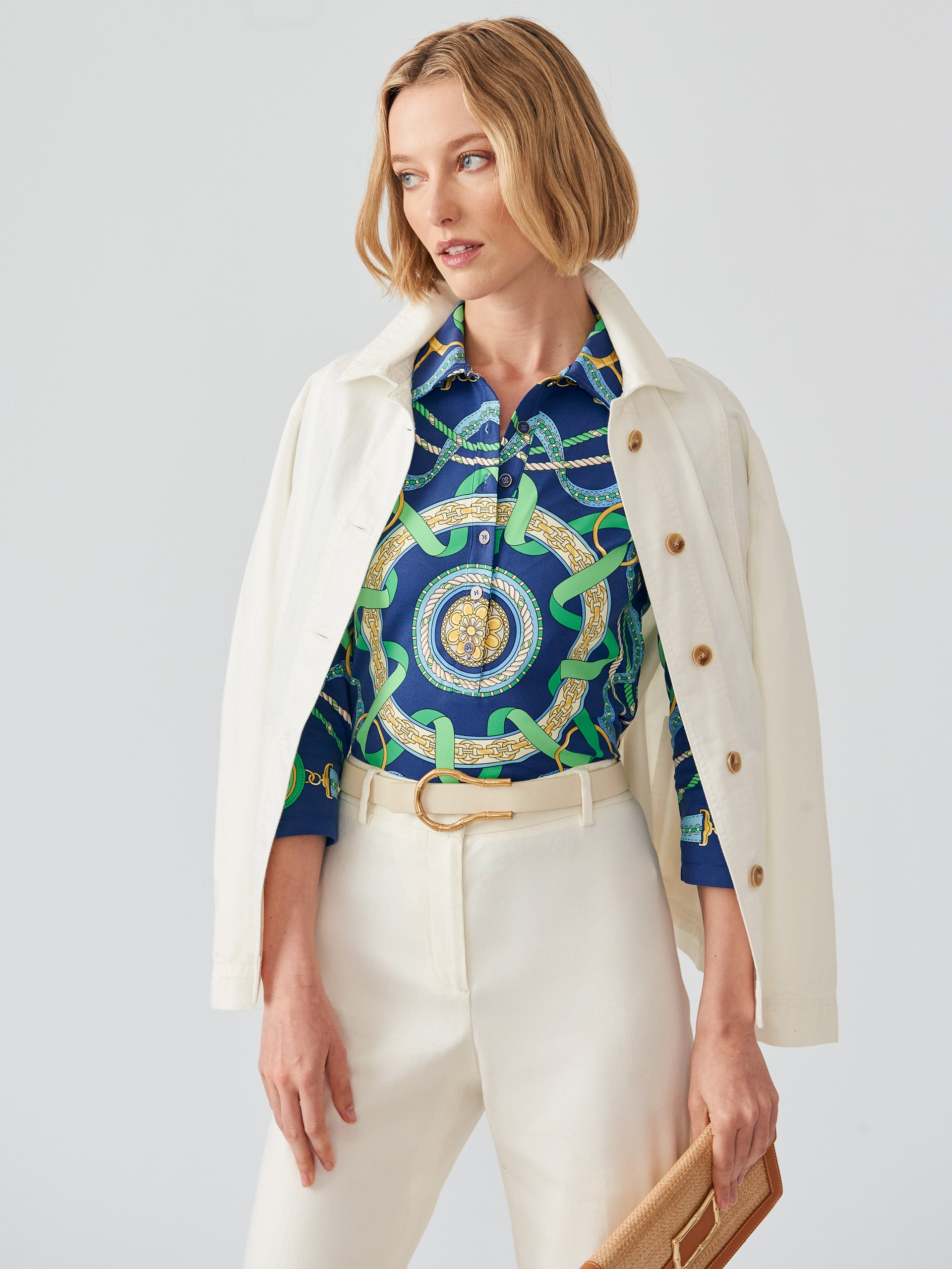 J.McLaughlin Court polo in navy/green/blue made with Catalina cloth.