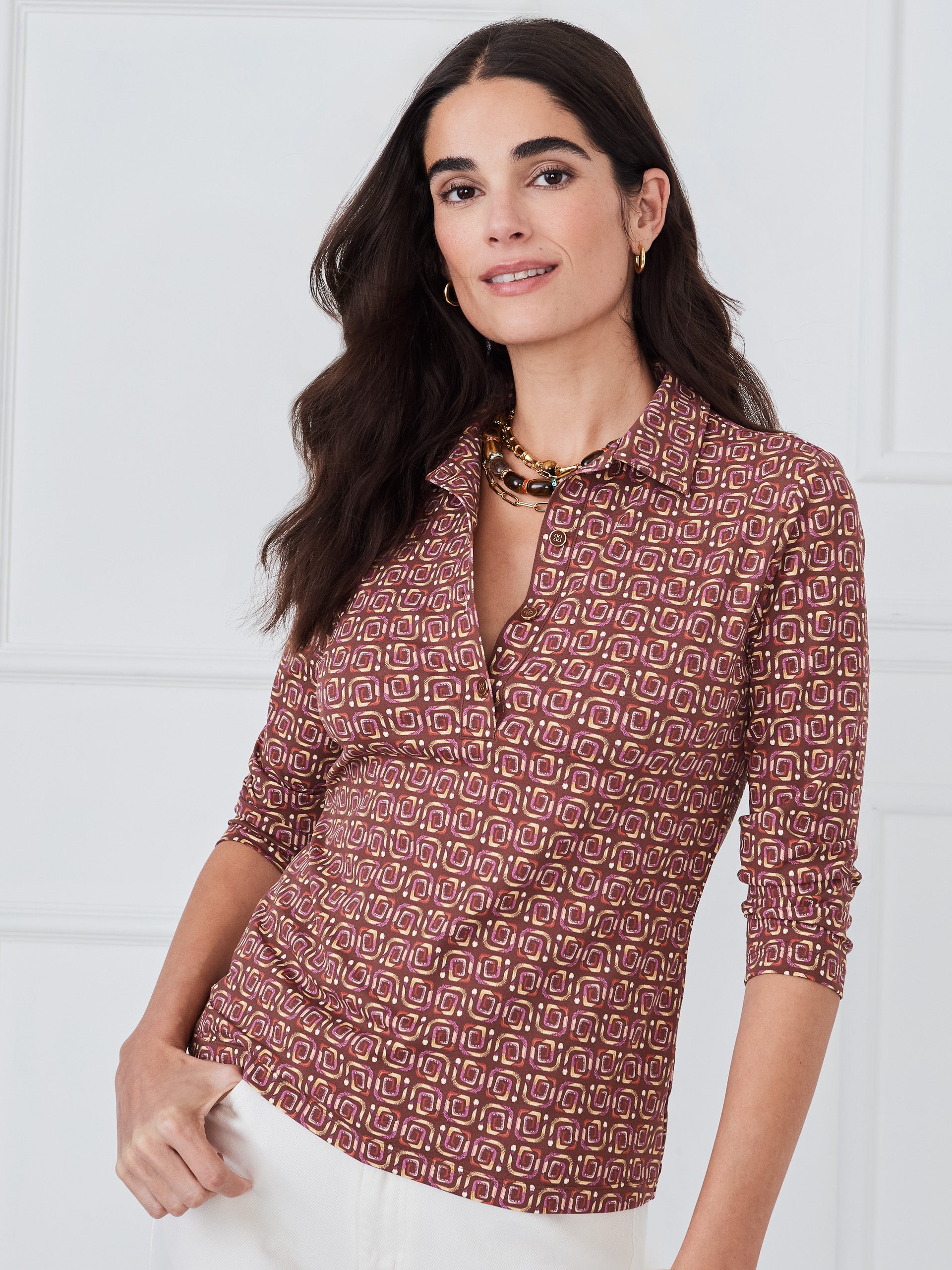 J.McLaughlin Court top in brown/multi made with catalina cloth.