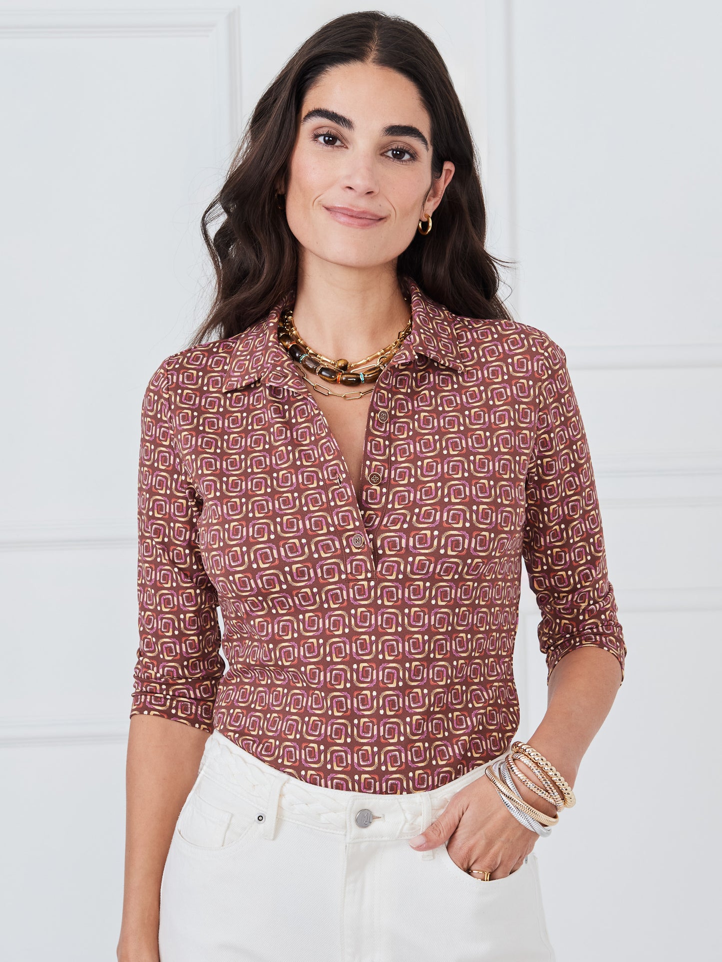 J.McLaughlin Court top in brown/multi made with catalina cloth.