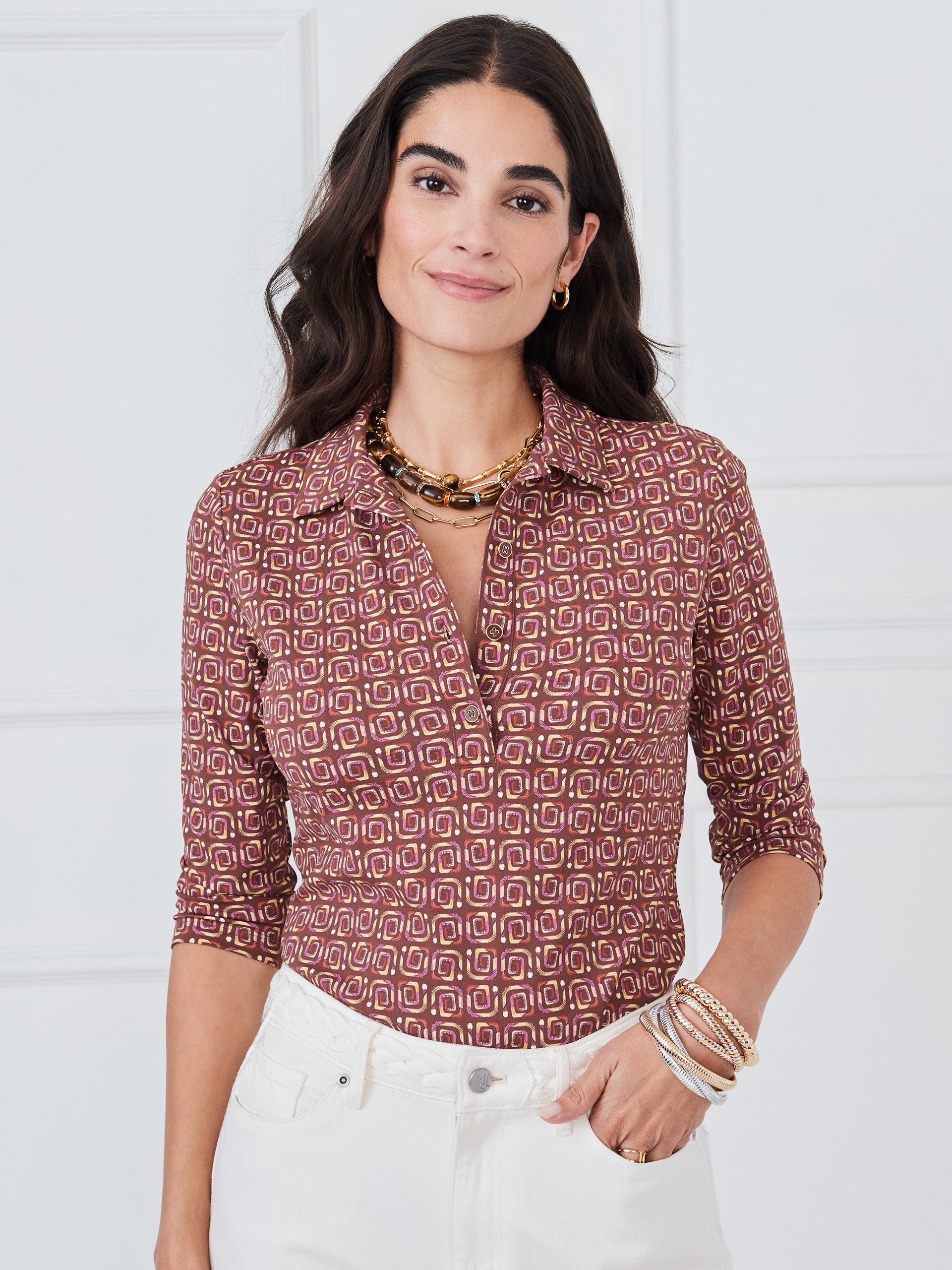 J.McLaughlin Court top in brown/multi made with catalina cloth.