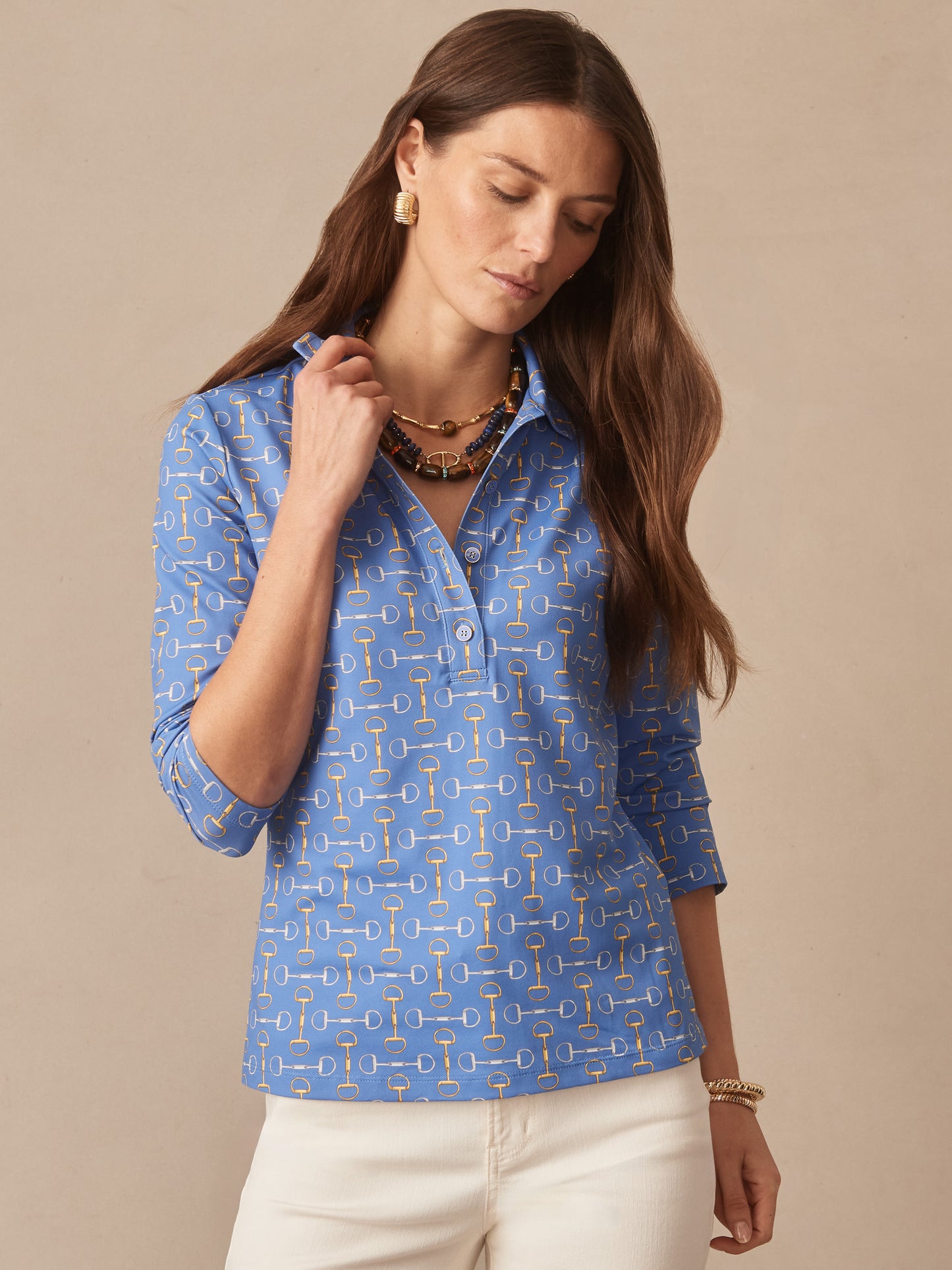 J.McLaughlin Court top in blue/gold made with catalina cloth. 