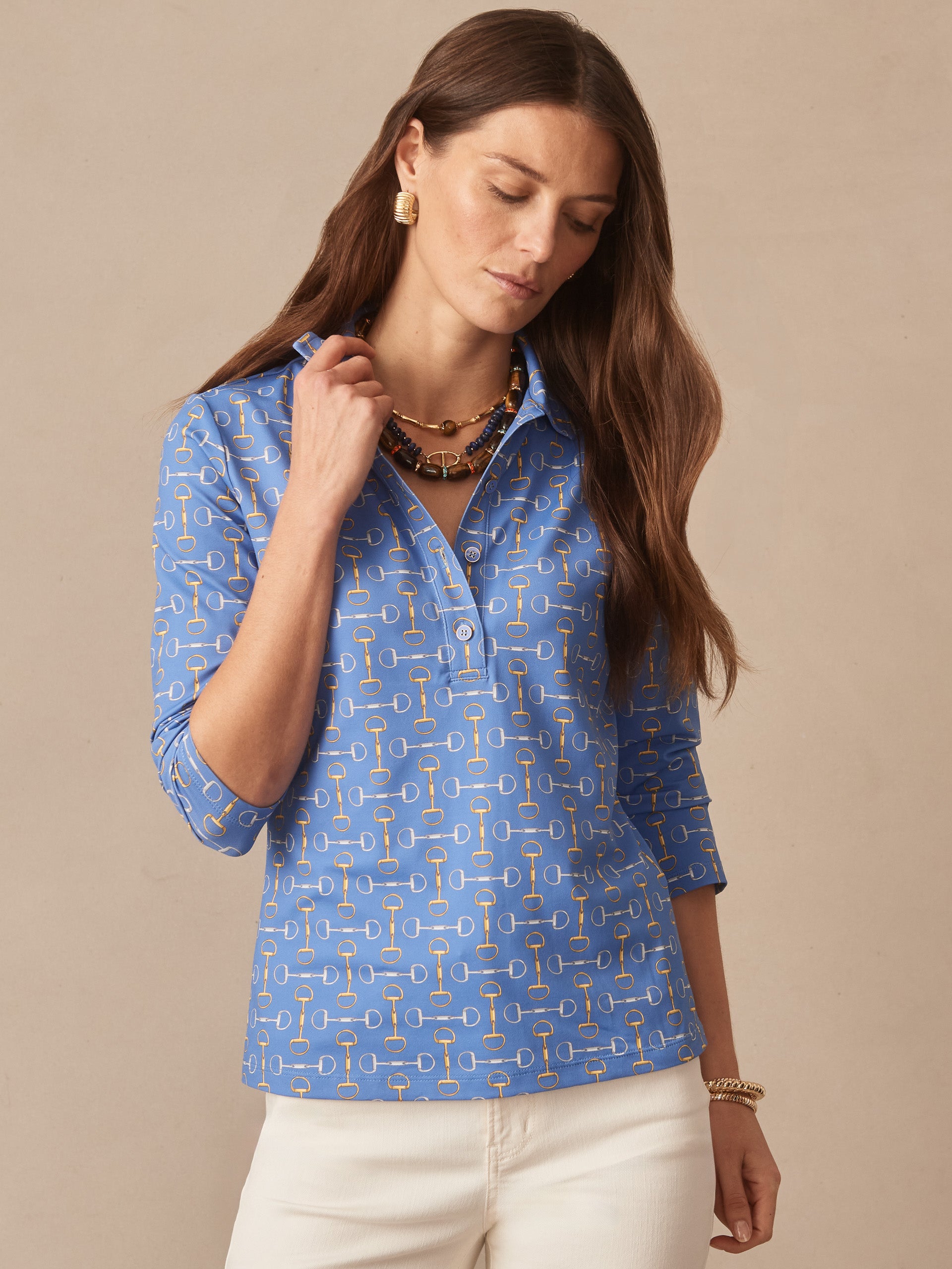 J.McLaughlin Court top in blue/gold made with catalina cloth. 
