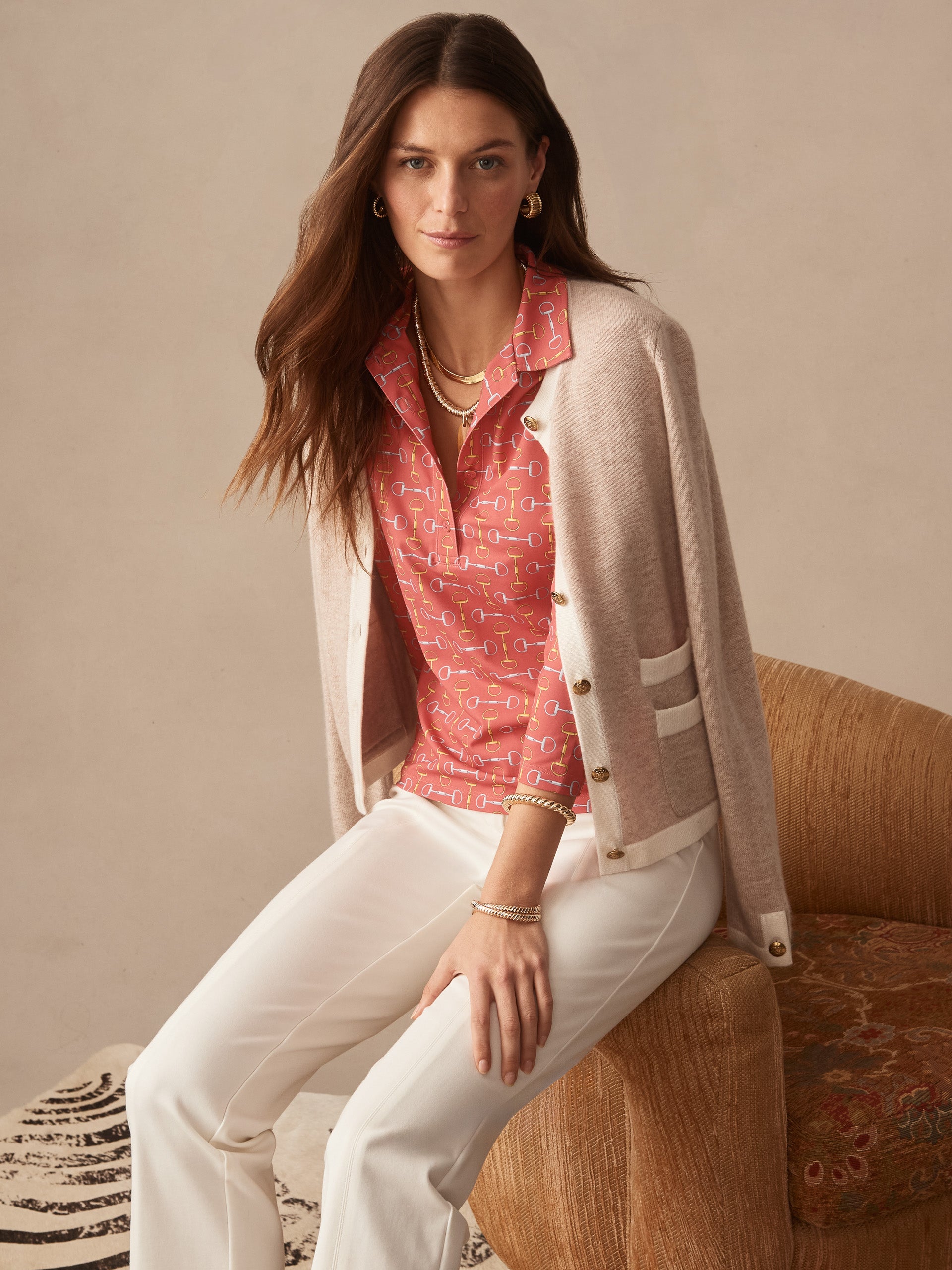 J.McLaughlin Court top in coral/gold made with catalina cloth.