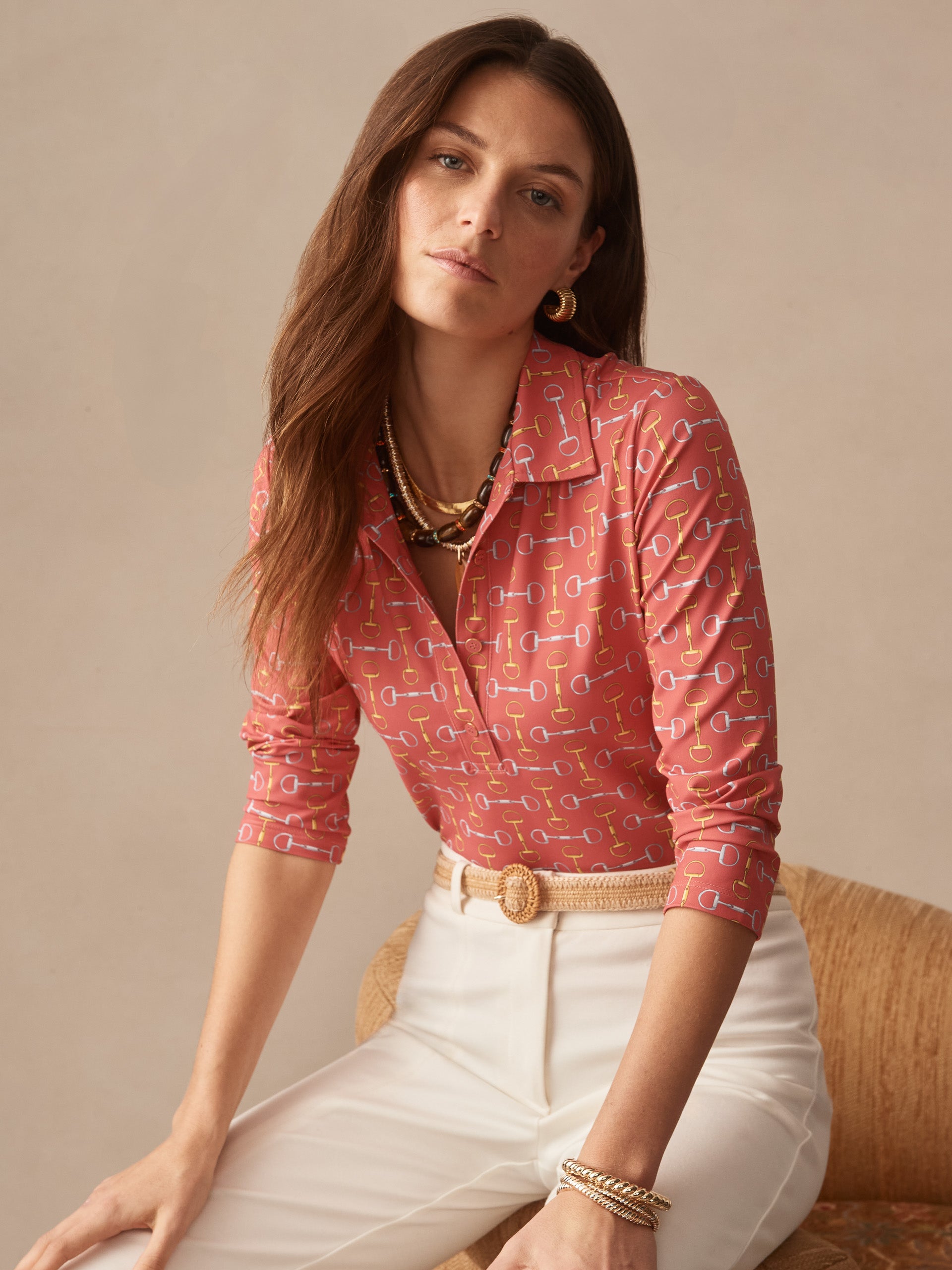 J.McLaughlin Court top in coral/gold made with catalina cloth.