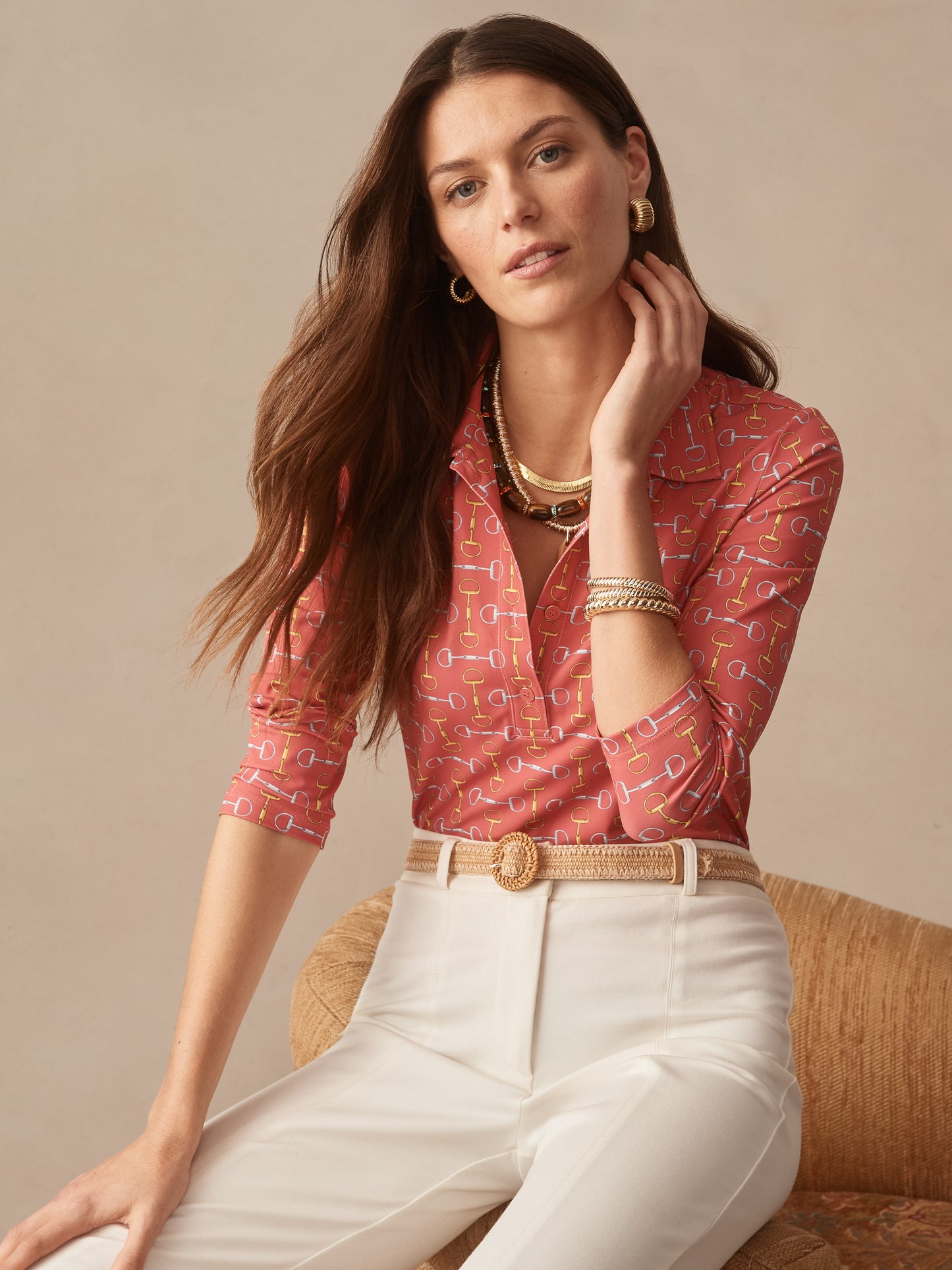 J.McLaughlin Court top in coral/gold made with catalina cloth.