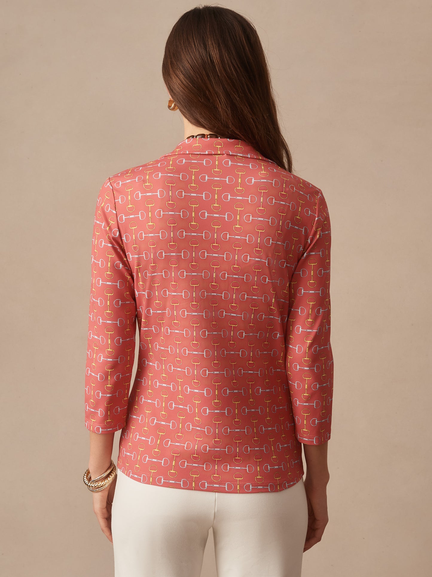 J.McLaughlin Court top in coral/gold made with catalina cloth.