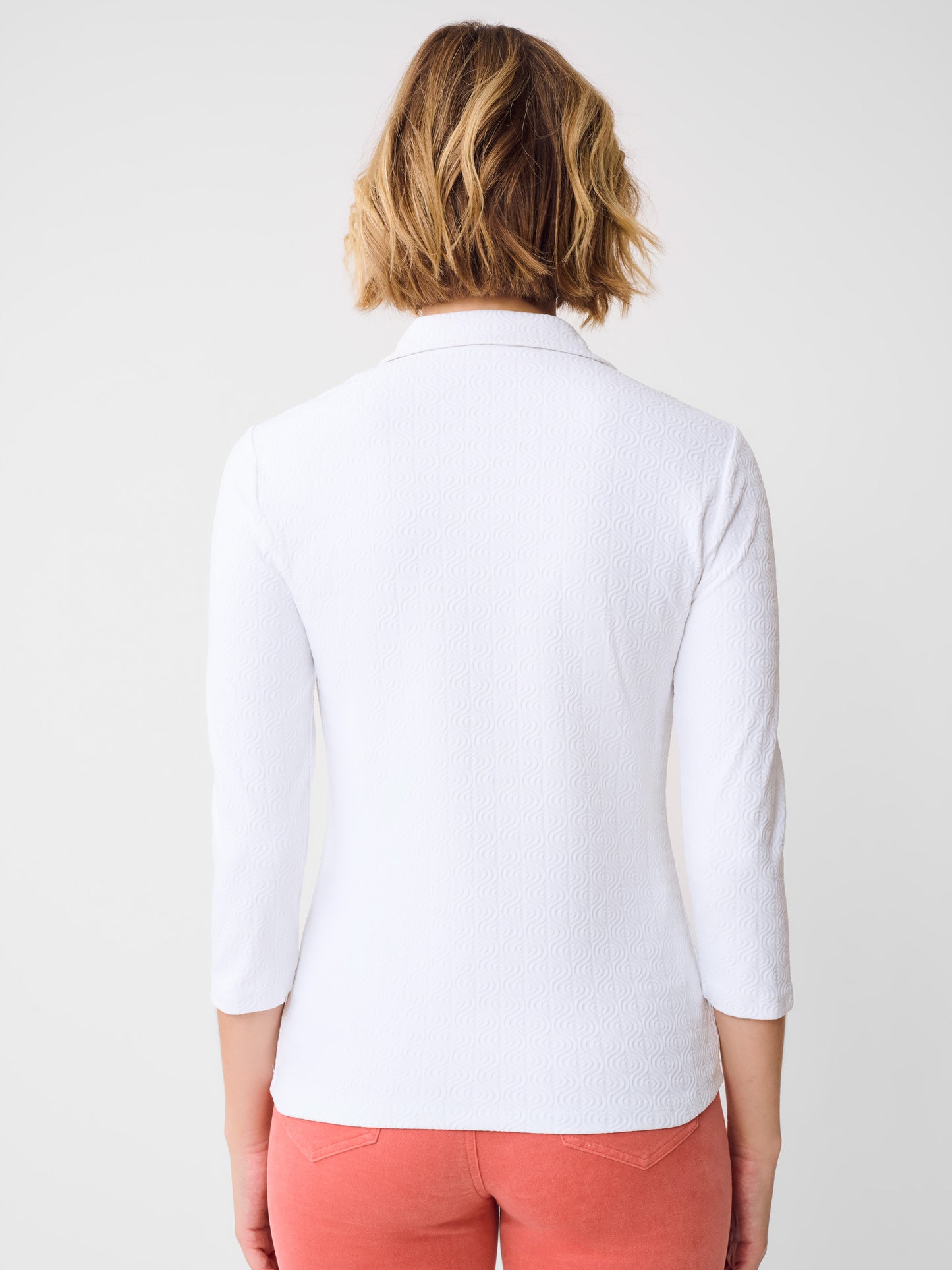 J.McLaughlin Court top in white made with Catalina Cloth.