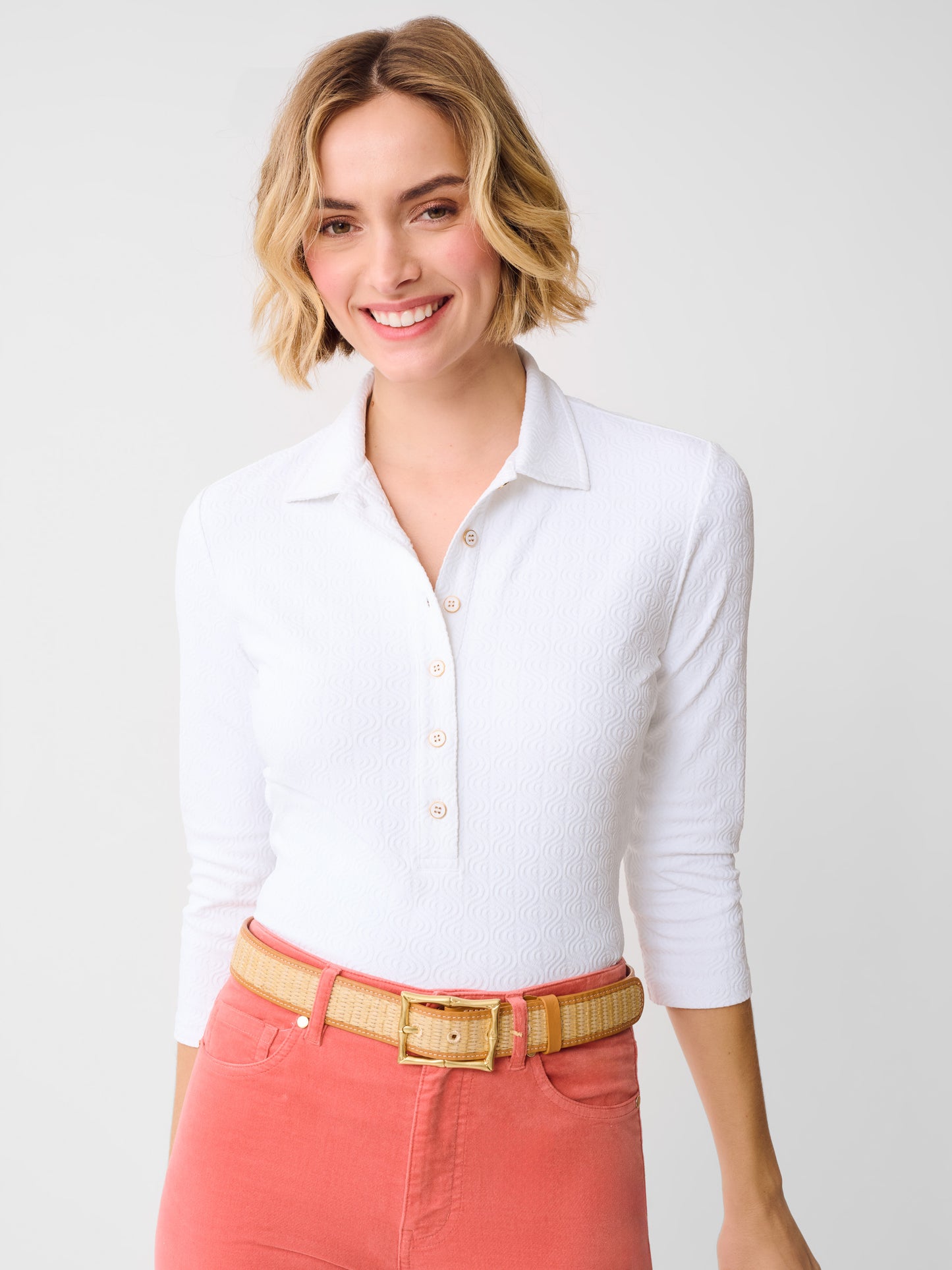 J.McLaughlin Court top in white made with Catalina Cloth.