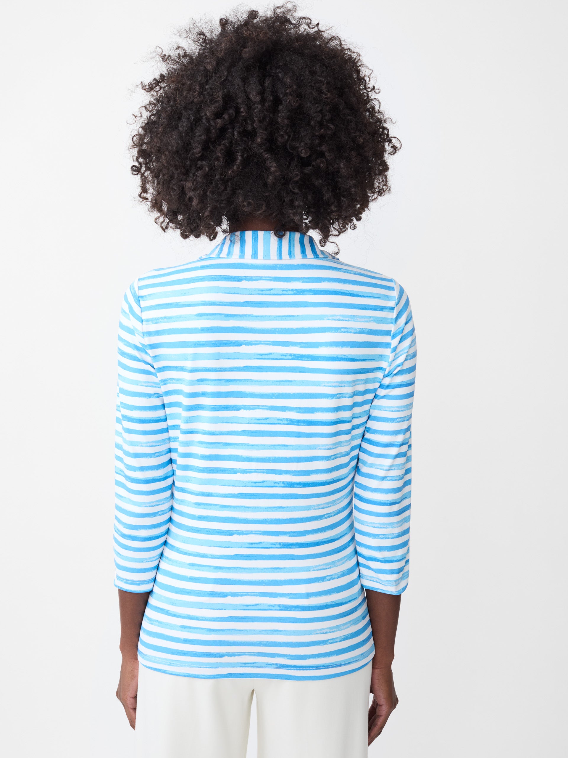 J.McLaughlin Court 3/4 sleeve polo in white/blue made with Catalina cloth.