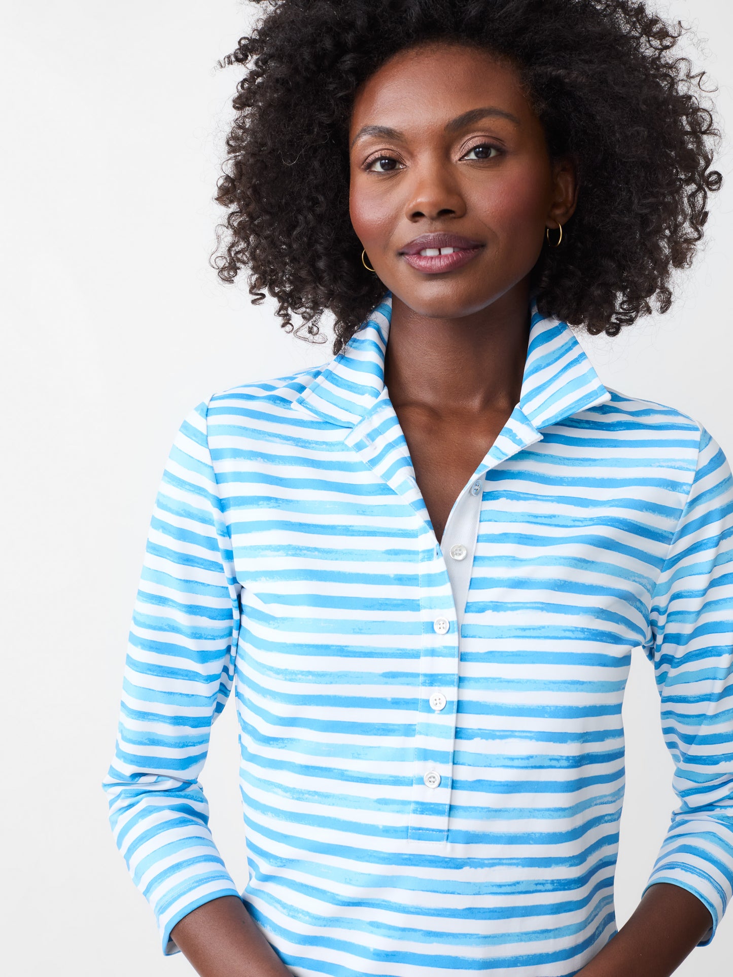 J.McLaughlin Court 3/4 sleeve polo in white/blue made with Catalina cloth.