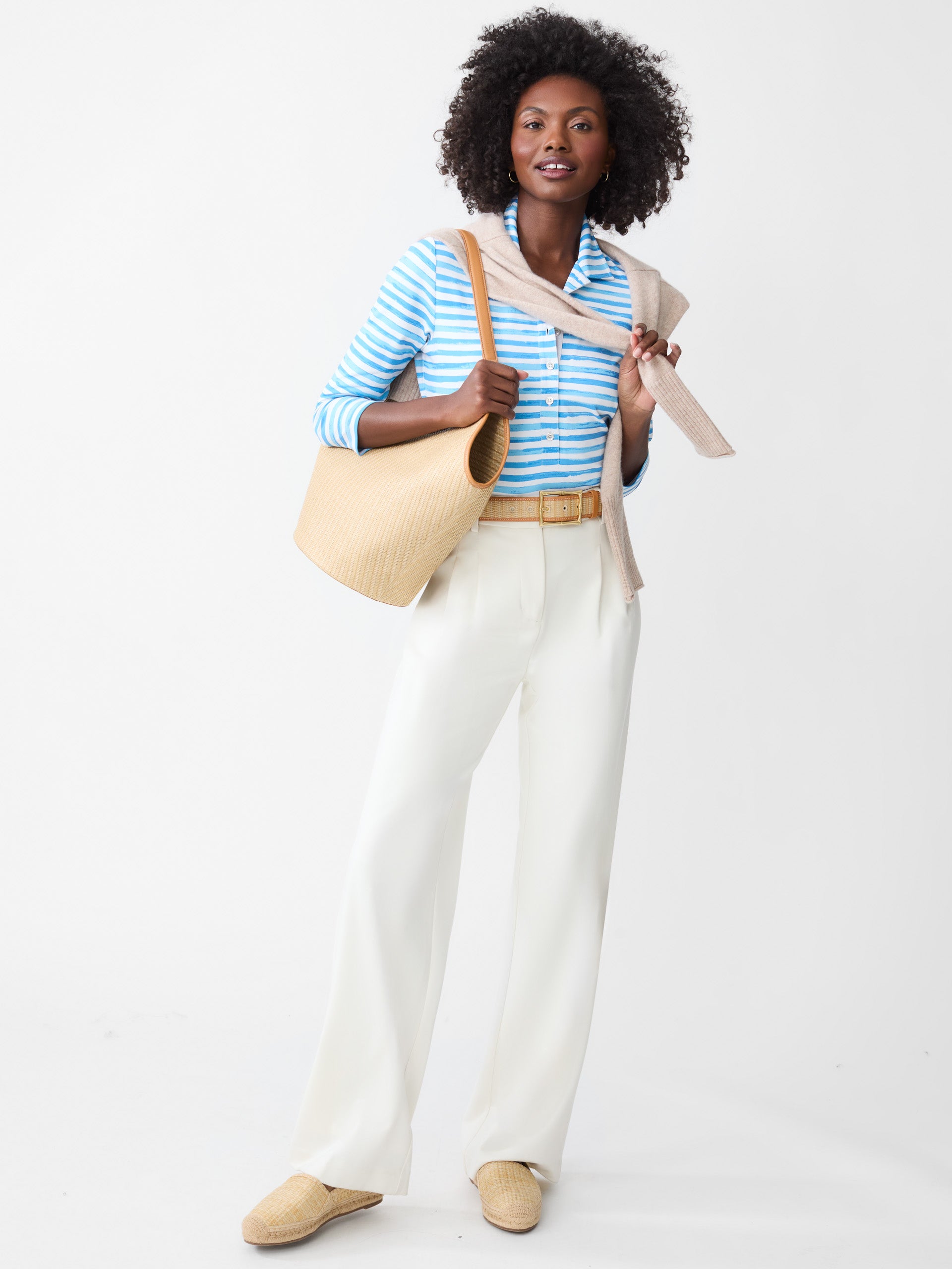 J.McLaughlin Court 3/4 sleeve polo in white/blue made with Catalina cloth.