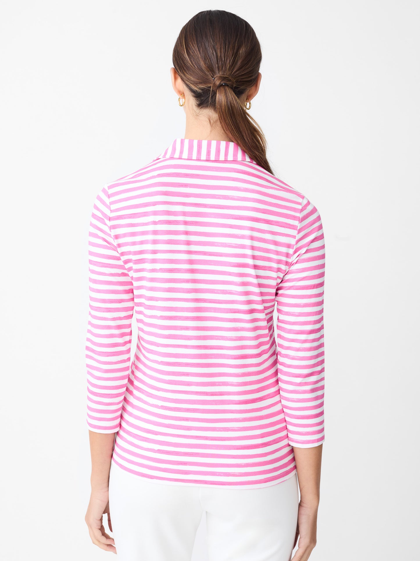J.McLaughlin Court 3/4 sleeve polo in white/fuchsia made with Catalina cloth.