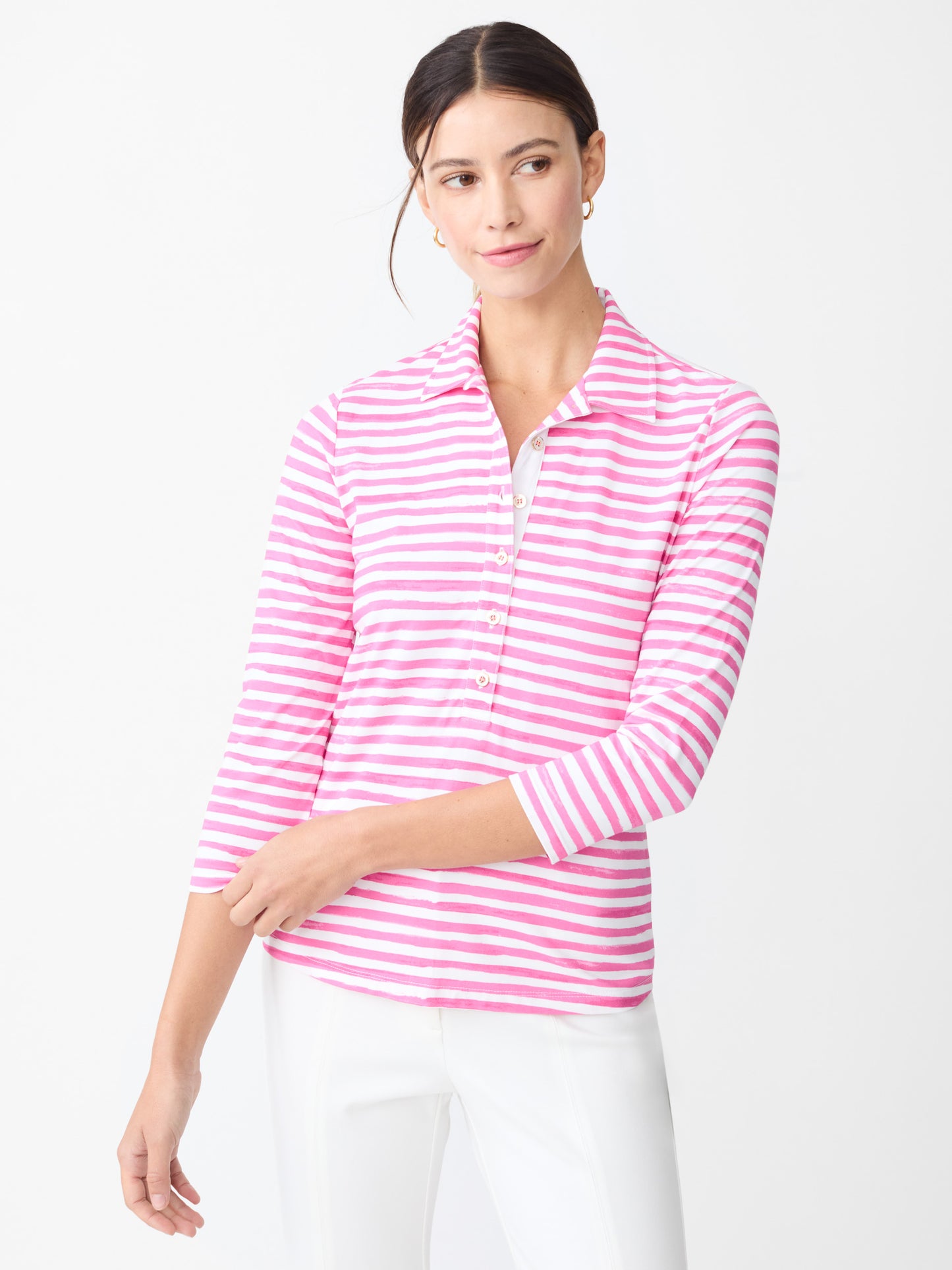 J.McLaughlin Court 3/4 sleeve polo in white/fuchsia made with Catalina cloth.