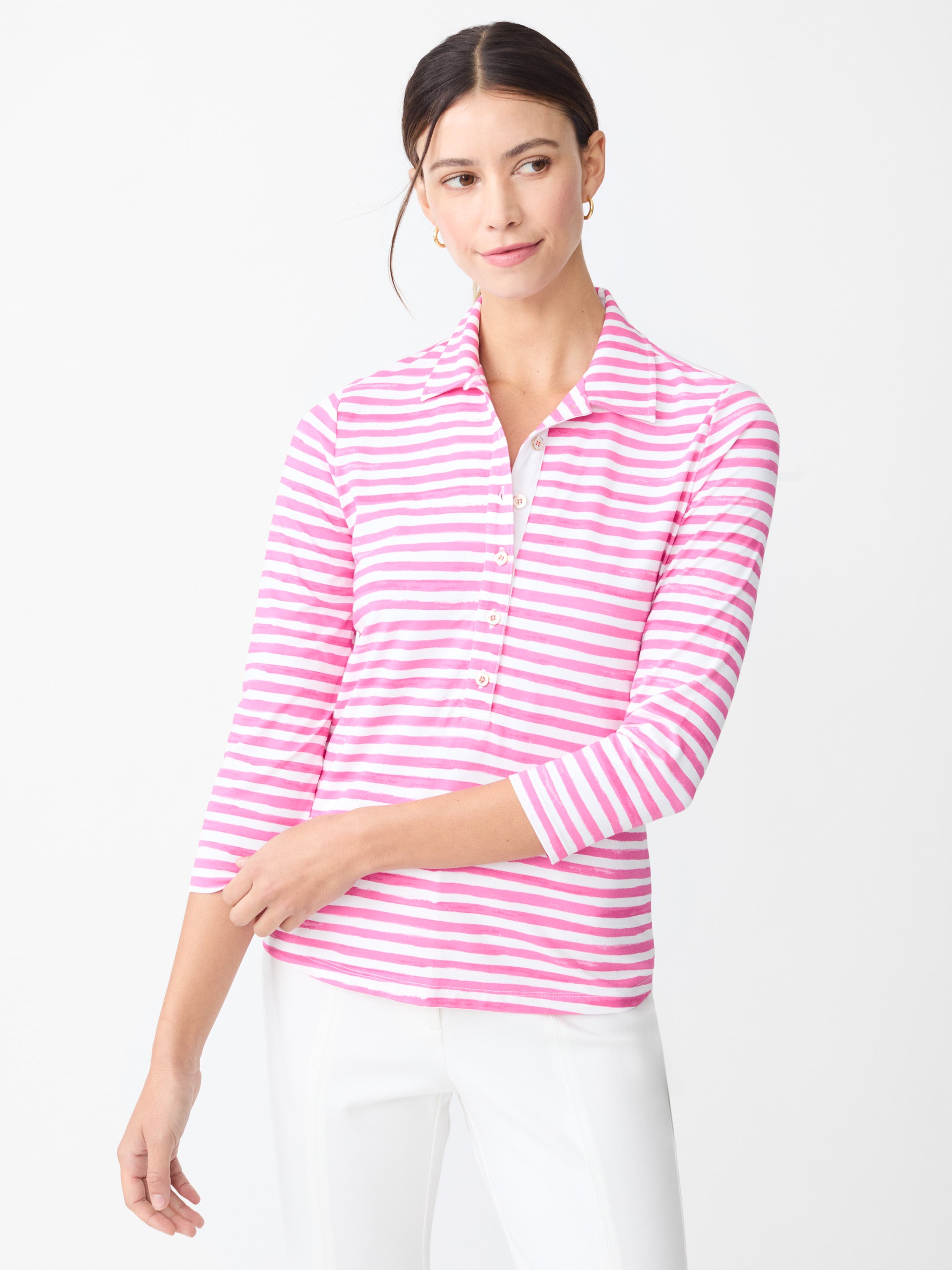 J.McLaughlin Court 3/4 sleeve polo in white/fuchsia made with Catalina cloth.